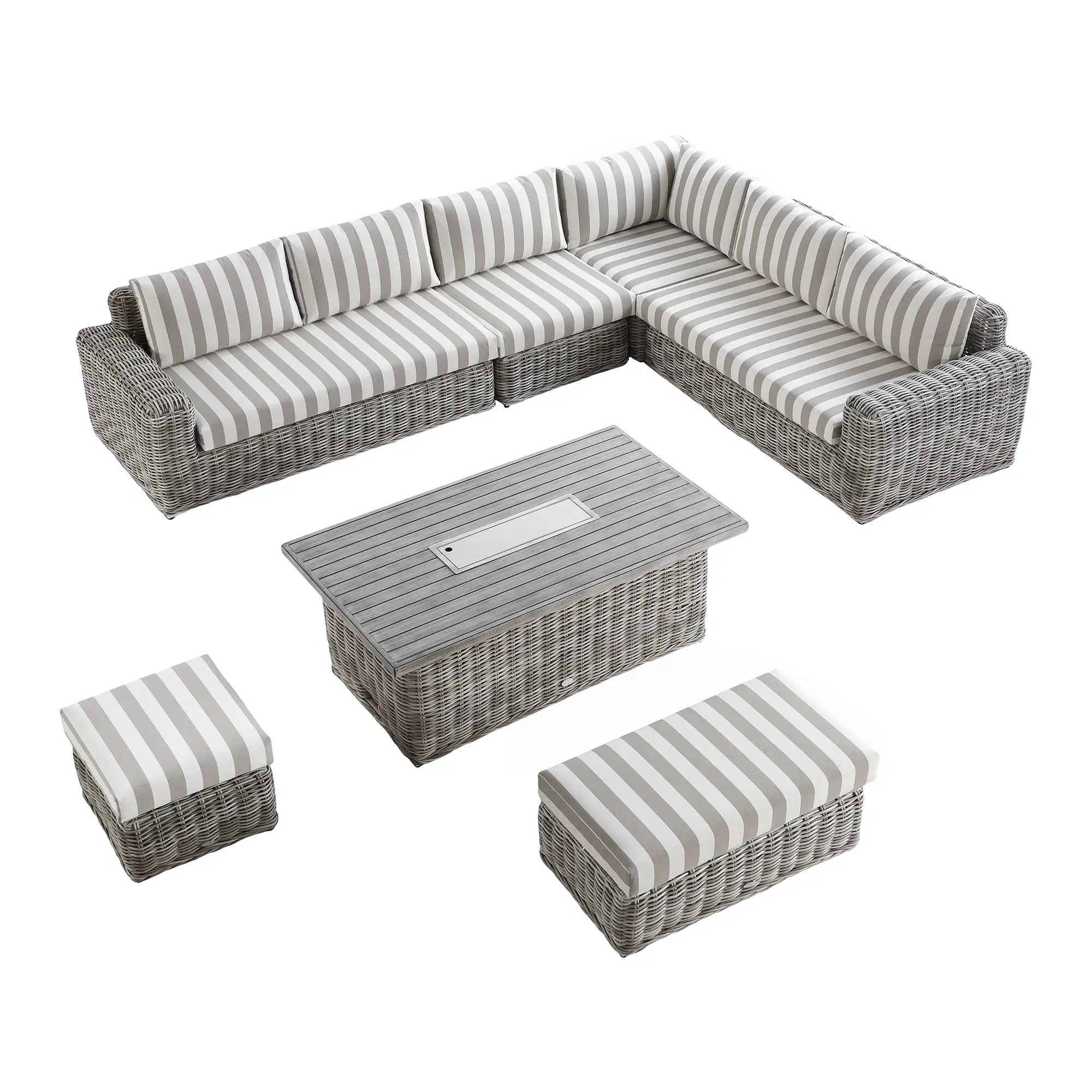 Bellagio Round Wicker Large Corner Casual Dining Set with Rising Firepit Table, Light Grey with Taupe Stripes - Image 11