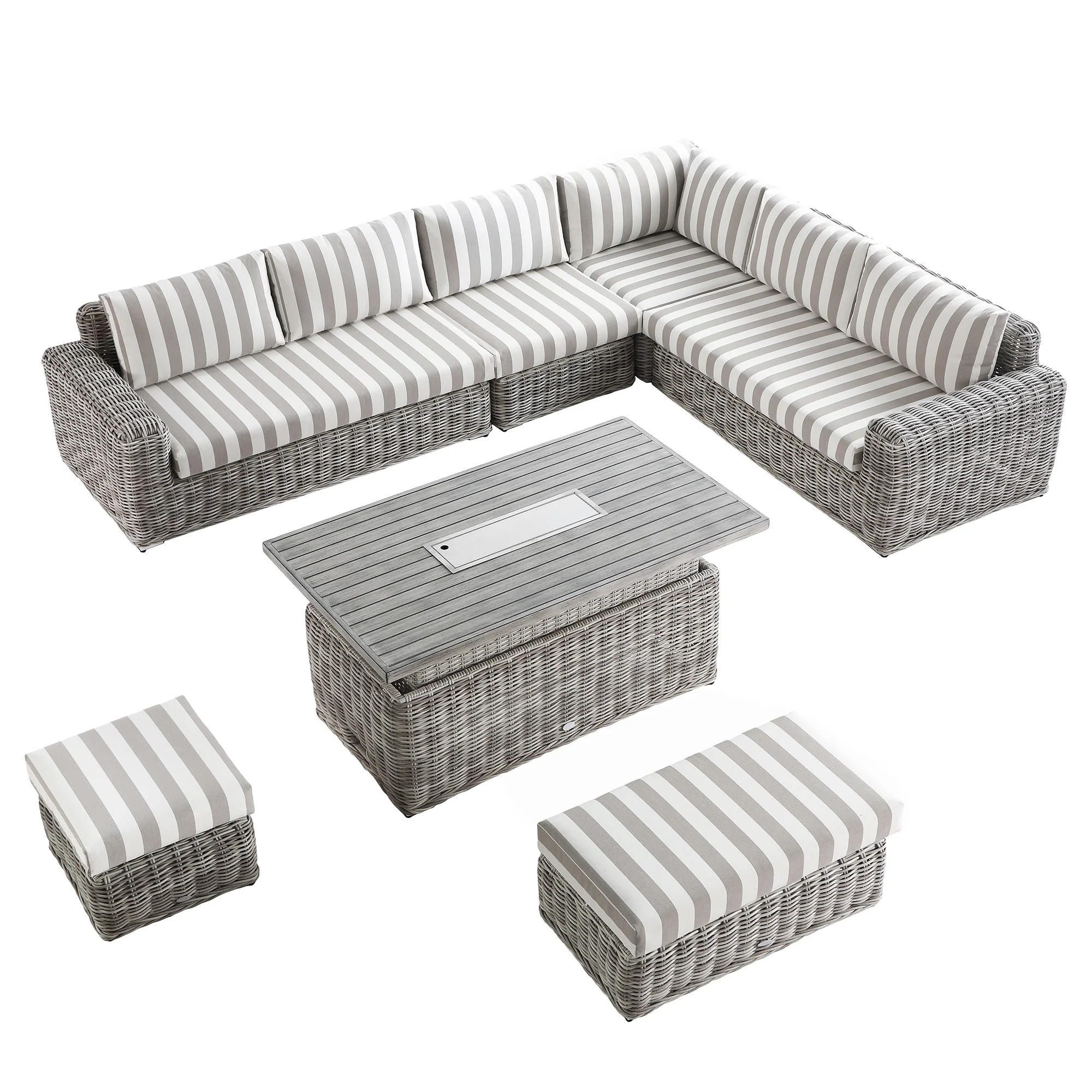 Bellagio Round Wicker Large Corner Casual Dining Set with Rising Firepit Table, Light Grey with Taupe Stripes - Image 14