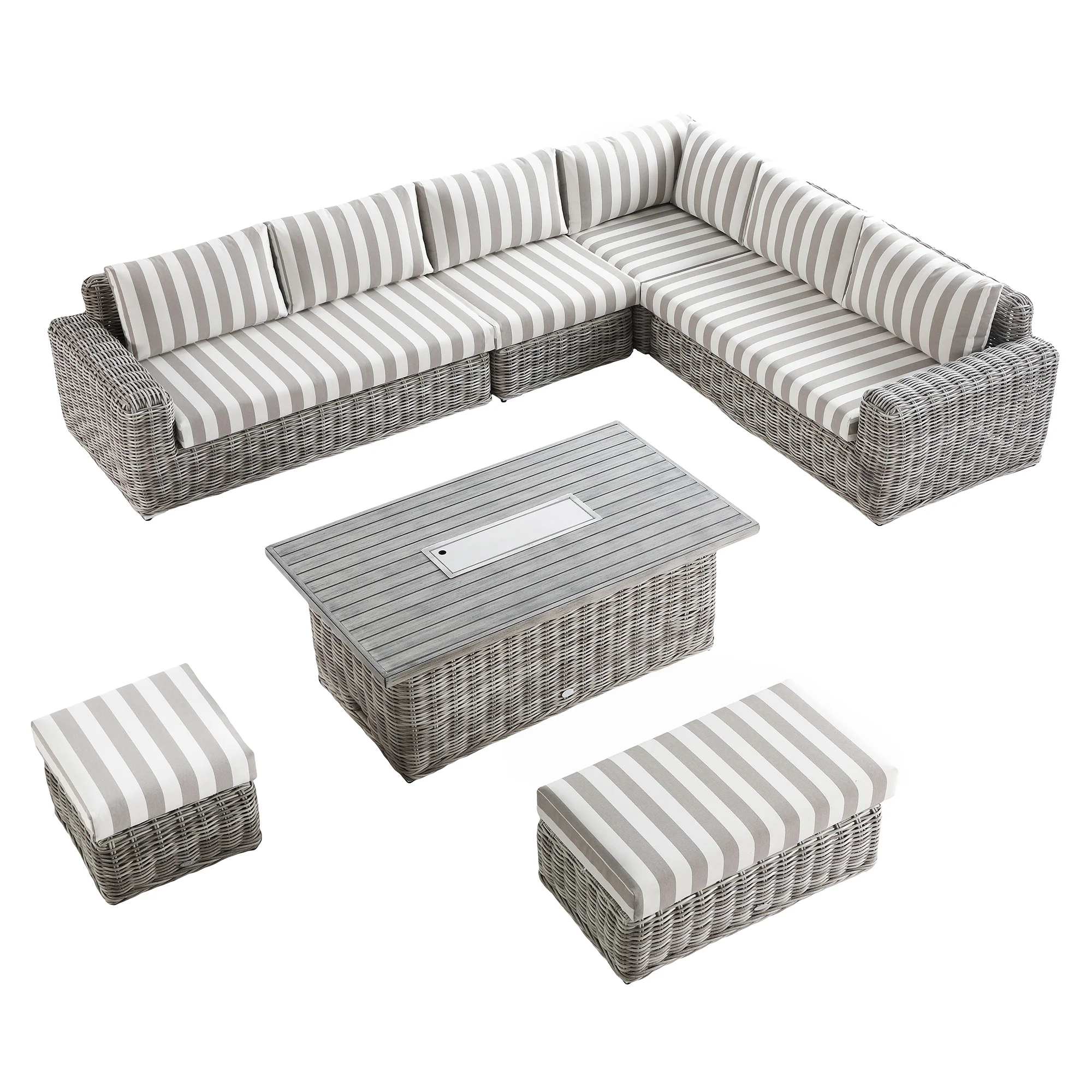 Bellagio Round Wicker Large Corner Casual Dining Set with Rising Firepit Table, Light Grey with Taupe Stripes - Image 15