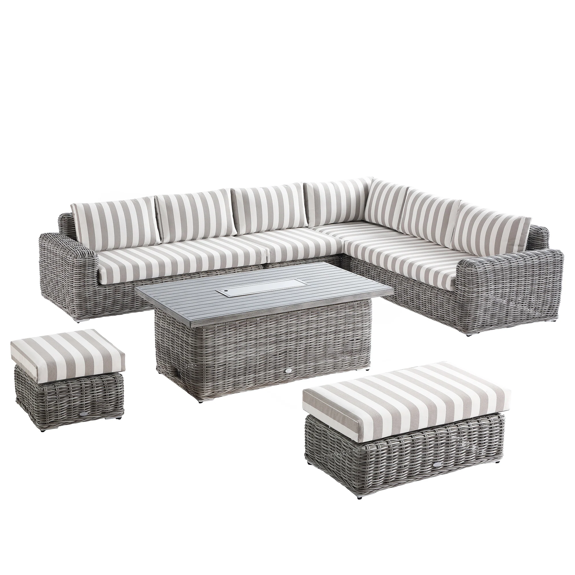 Bellagio Round Wicker Large Corner Casual Dining Set with Rising Firepit Table, Light Grey with Taupe Stripes - Image 16