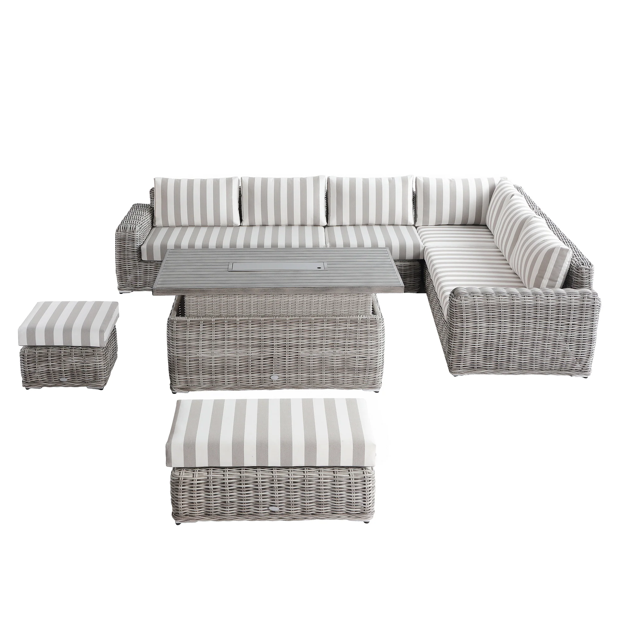 Bellagio Round Wicker Large Corner Casual Dining Set with Rising Firepit Table, Light Grey with Taupe Stripes - Image 17