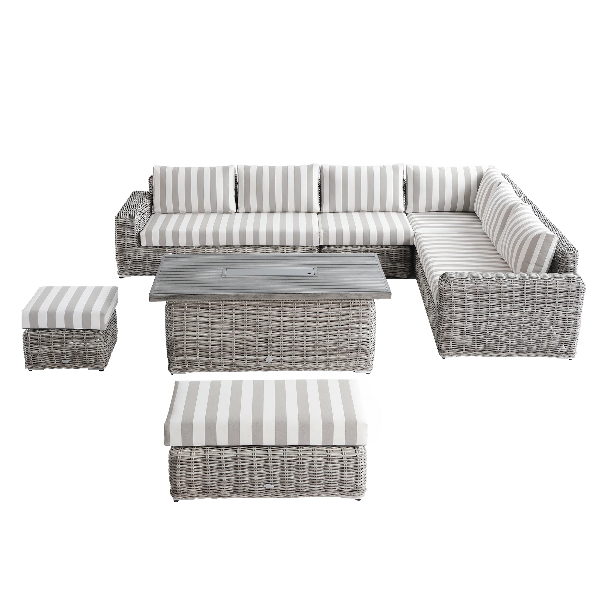 Bellagio Round Wicker Large Corner Casual Dining Set with Rising Firepit Table, Light Grey with Taupe Stripes - Image 18
