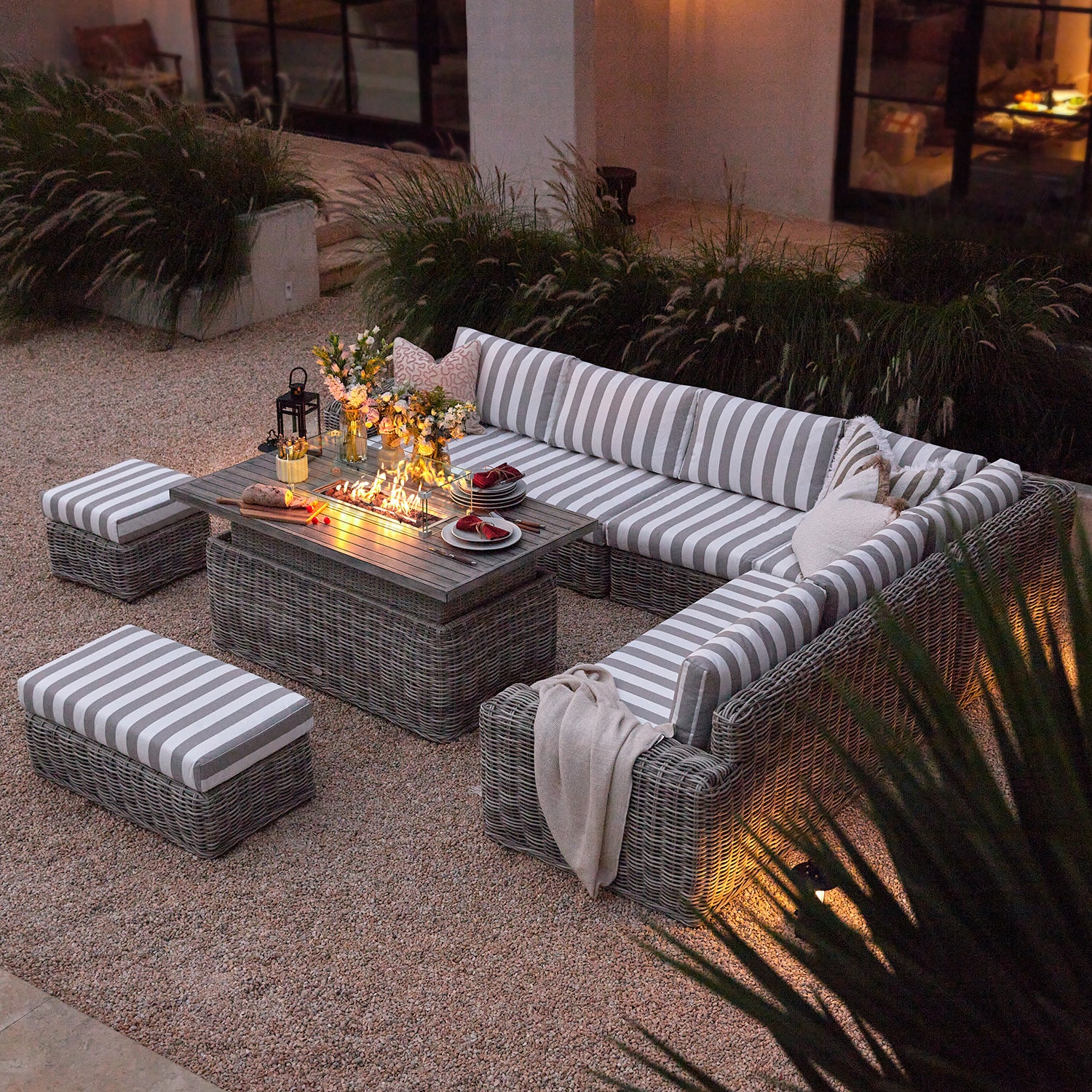 Bellagio Round Wicker Large Corner Casual Dining Set with Rising Firepit Table, Light Grey with Taupe Stripes - Image 2