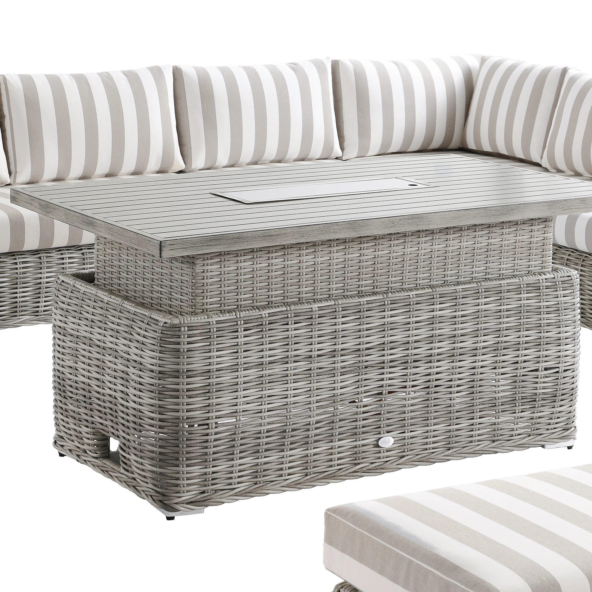 Bellagio Round Wicker Large Corner Casual Dining Set with Rising Firepit Table, Light Grey with Taupe Stripes - Image 21