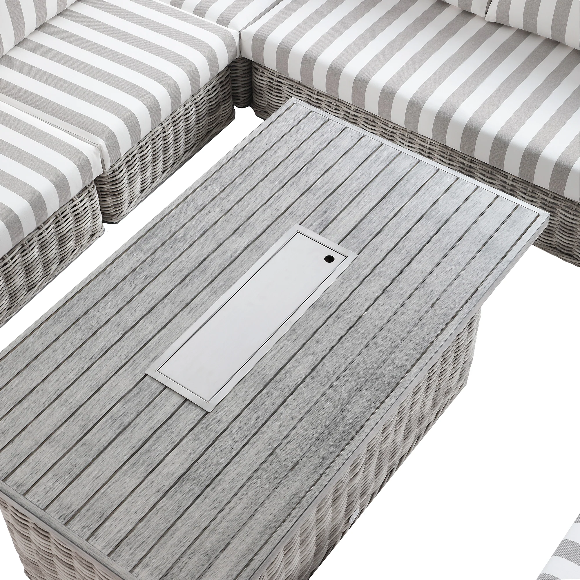 Bellagio Round Wicker Large Corner Casual Dining Set with Rising Firepit Table, Light Grey with Taupe Stripes - Image 22