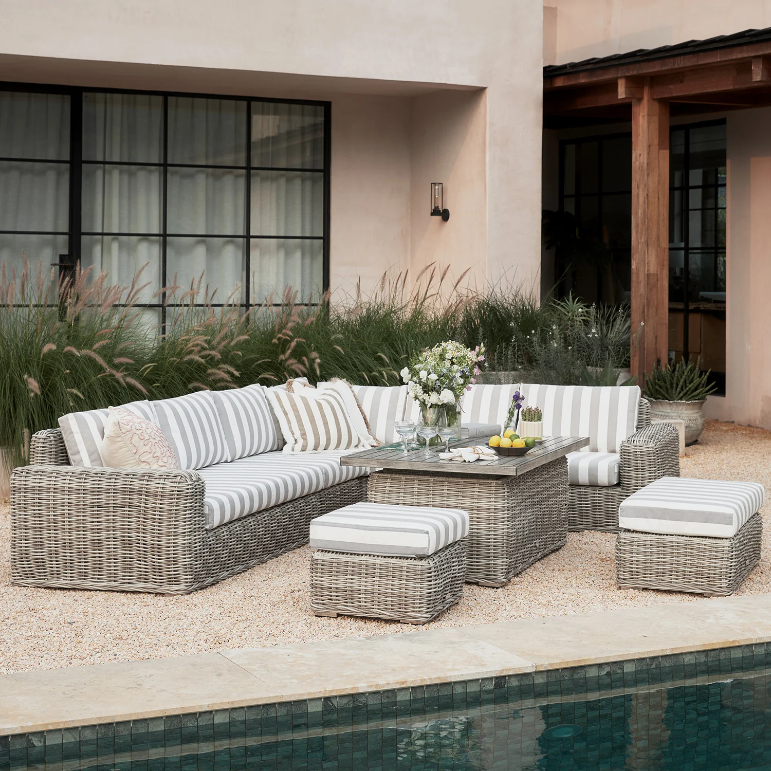 Bellagio Round Wicker Large Corner Casual Dining Set with Rising Firepit Table, Light Grey with Taupe Stripes - Image 3