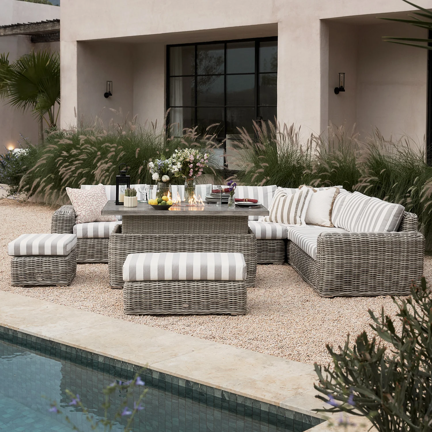 Bellagio Round Wicker Large Corner Casual Dining Set with Rising Firepit Table, Light Grey with Taupe Stripes - Image 4