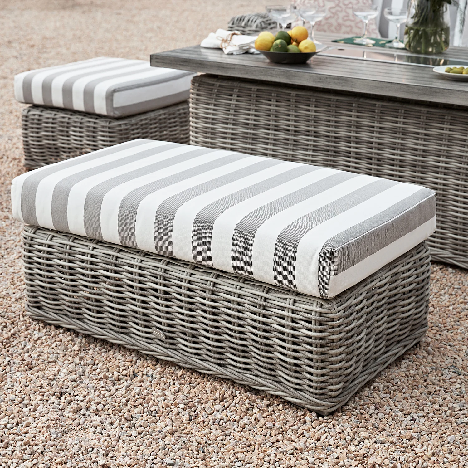 Bellagio Round Wicker Large Corner Casual Dining Set with Rising Firepit Table, Light Grey with Taupe Stripes - Image 9