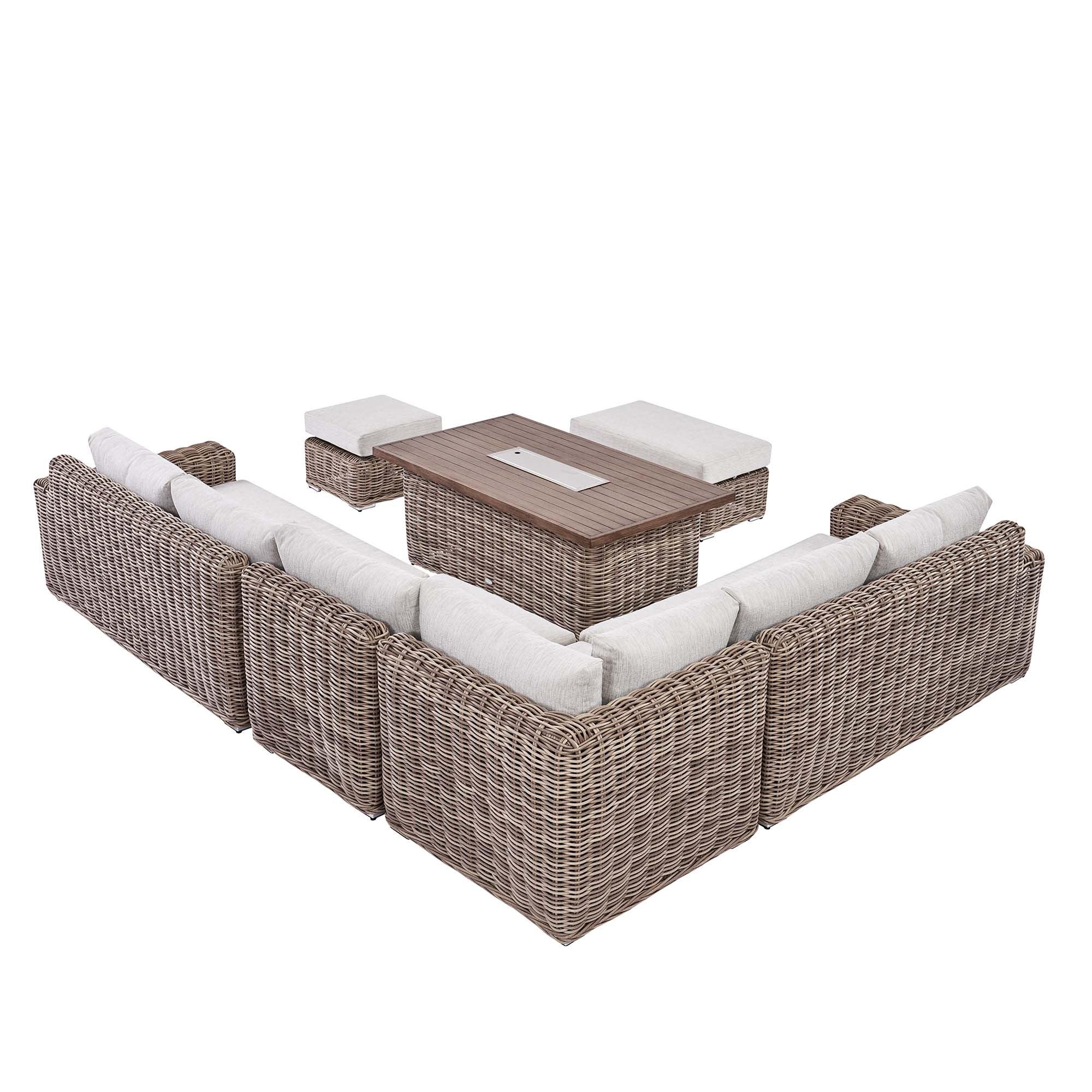 Bellagio Round Wicker Large Corner Casual Dining Set with Rising Firepit Table, Natural - Image 14