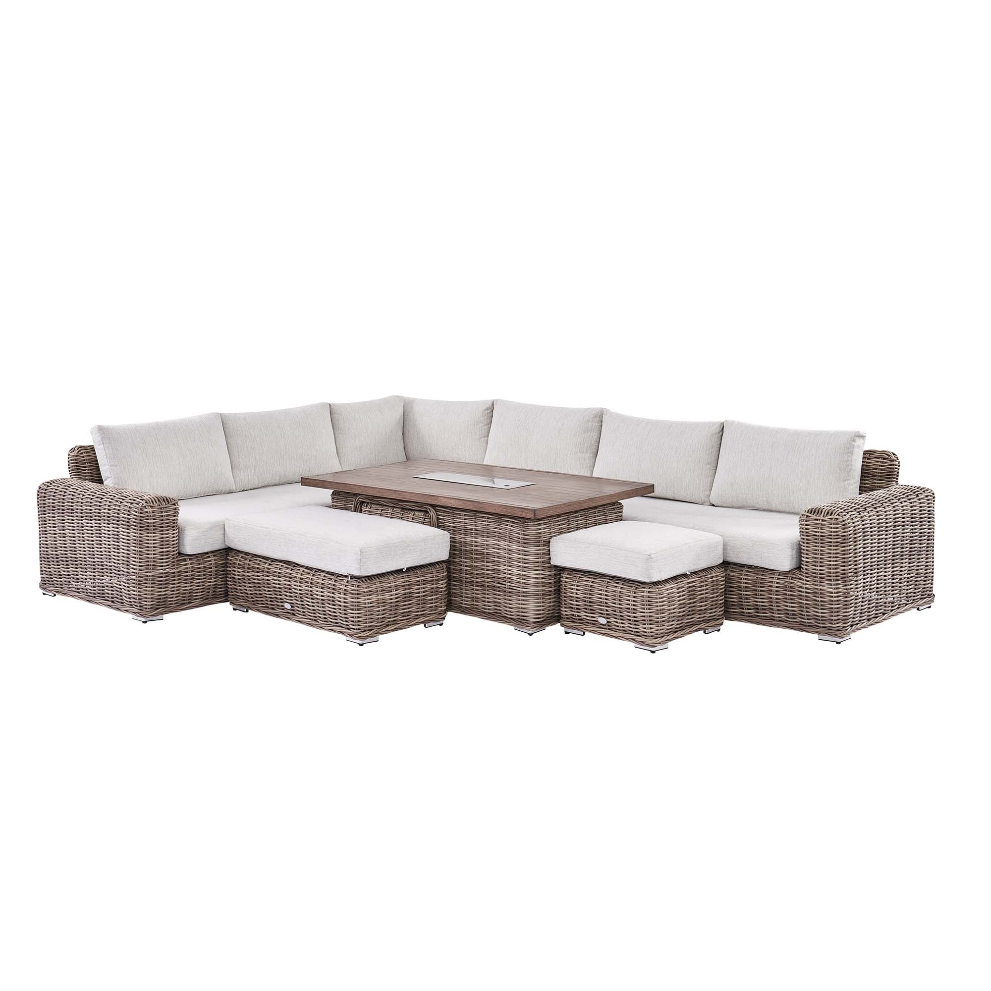 Bellagio Round Wicker Large Corner Casual Dining Set with Rising Firepit Table, Natural - Image 15