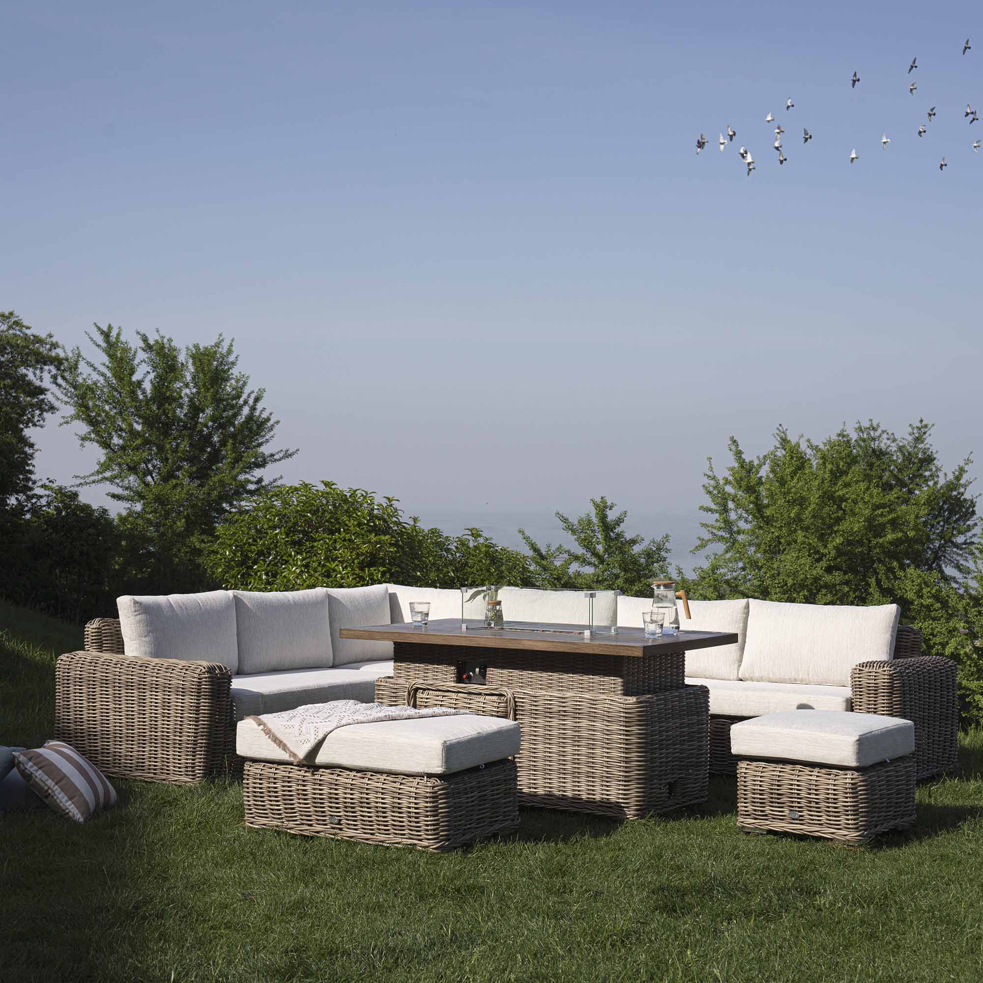 Bellagio Round Wicker Large Corner Casual Dining Set with Rising Firepit Table, Natural - Image 2