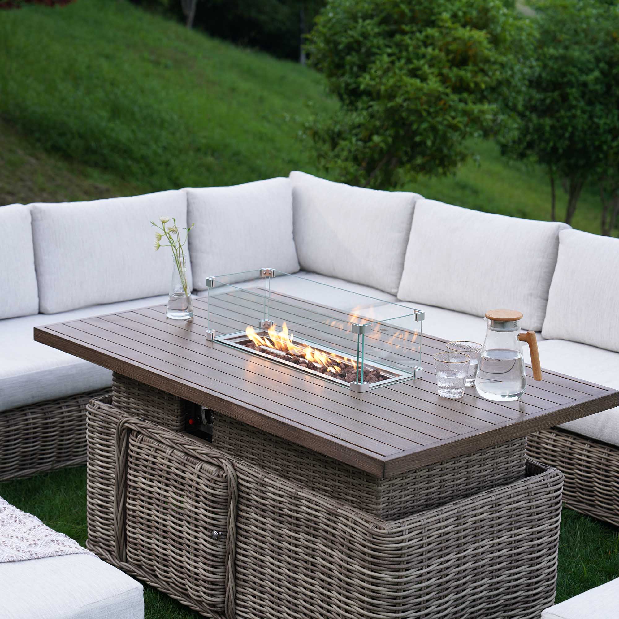 Bellagio Round Wicker Large Corner Casual Dining Set with Rising Firepit Table, Natural - Image 5