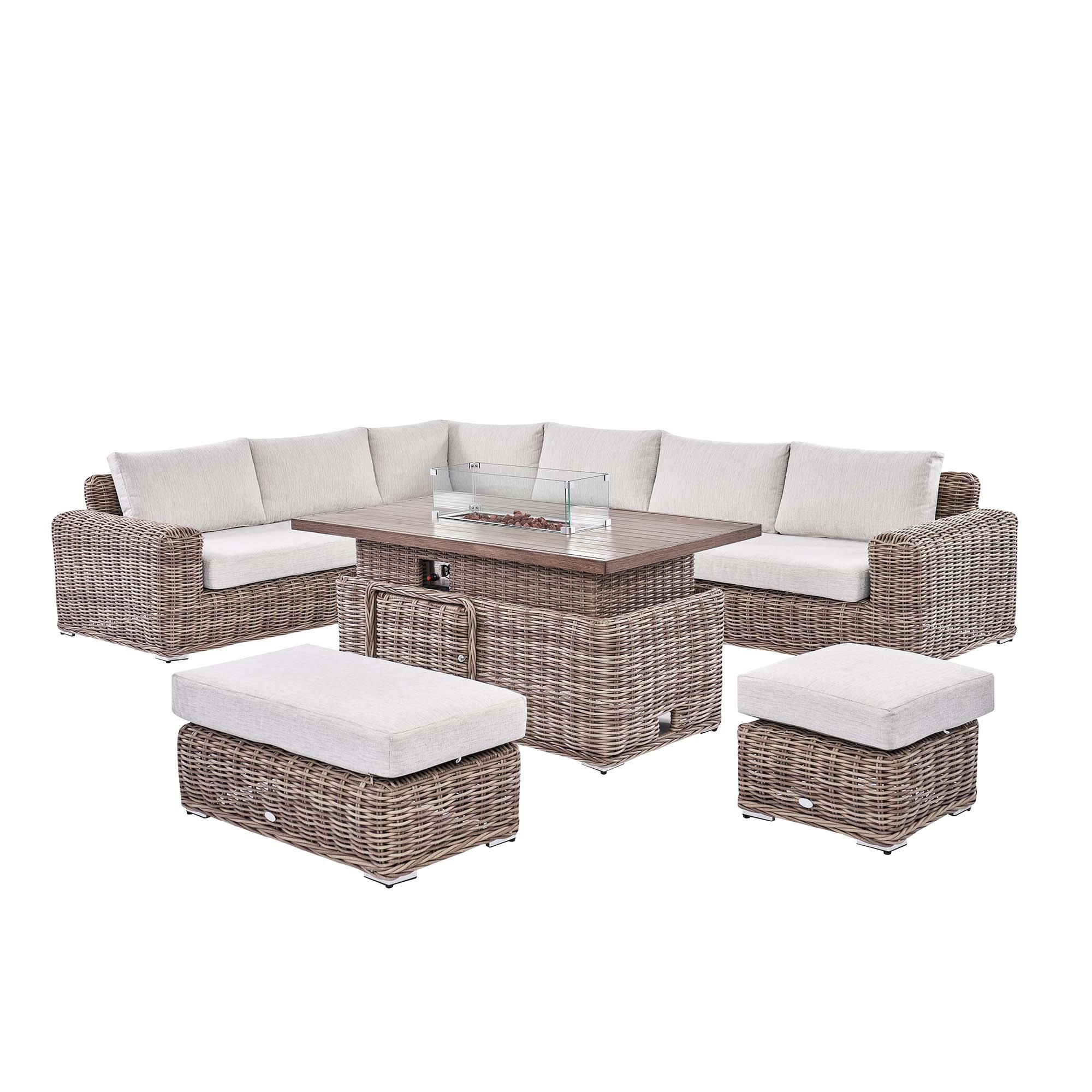 Bellagio Round Wicker Large Corner Casual Dining Set with Rising Firepit Table, Natural - Image 7