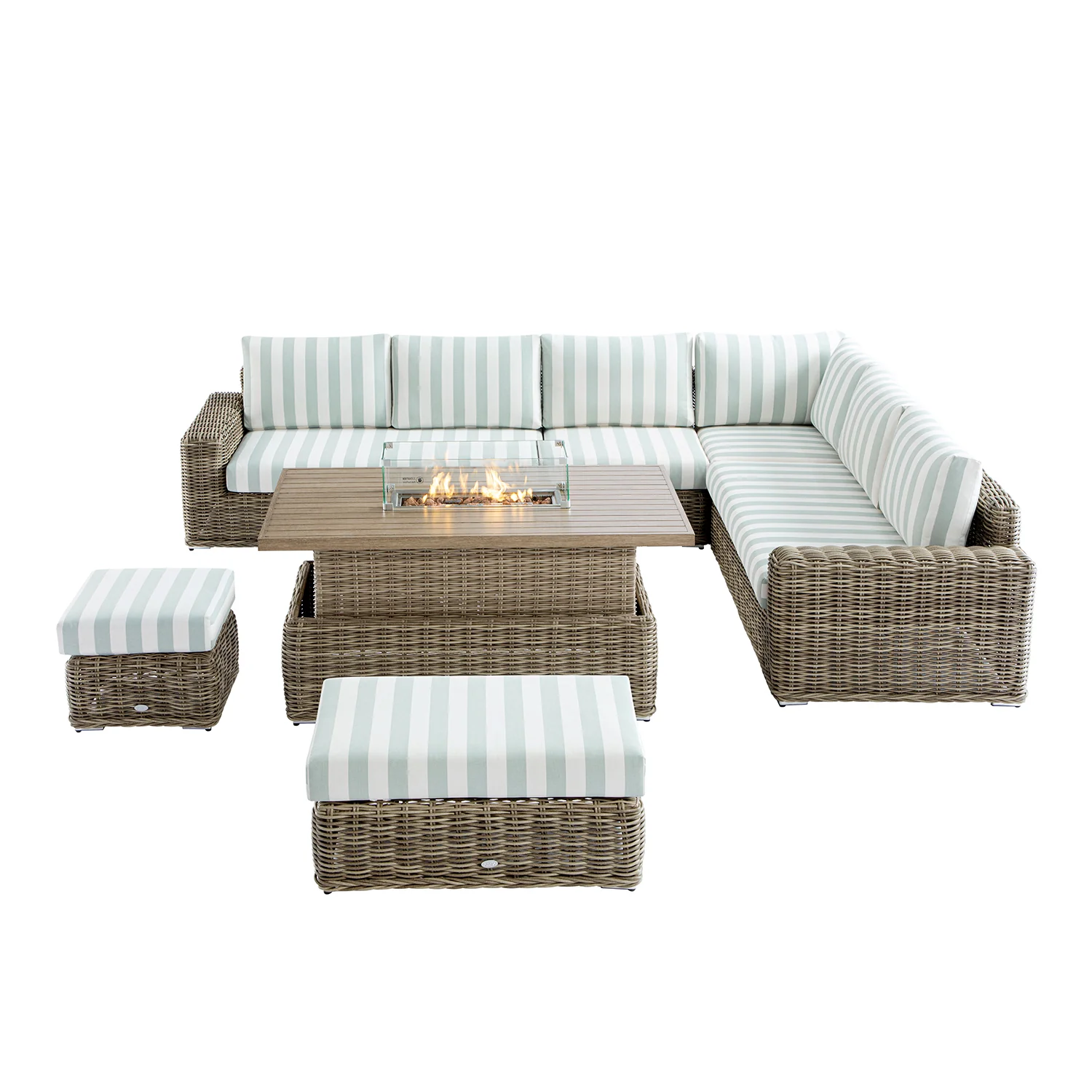 Bellagio Round Wicker Large Corner Casual Dining Set with Rising Firepit Table, Natural with Sage Stripes - Image 2