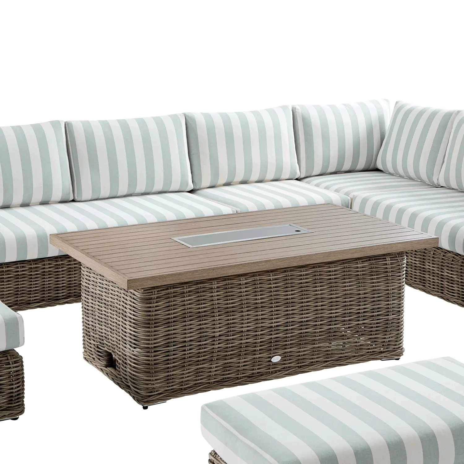 Bellagio Round Wicker Large Corner Casual Dining Set with Rising Firepit Table, Natural with Sage Stripes - Image 3