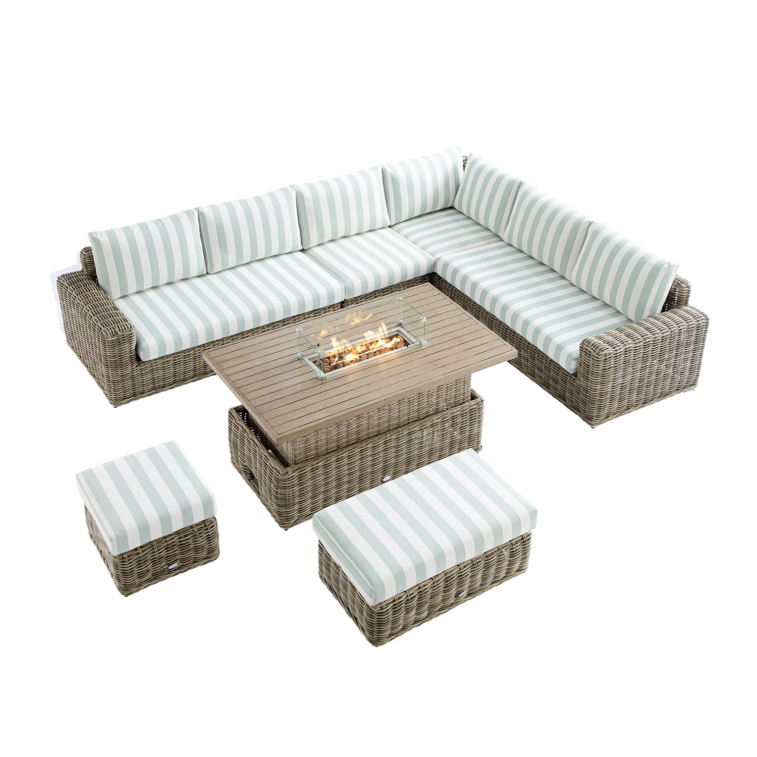 Bellagio Round Wicker Large Corner Casual Dining Set with Rising Firepit Table, Natural with Sage Stripes - Image 5