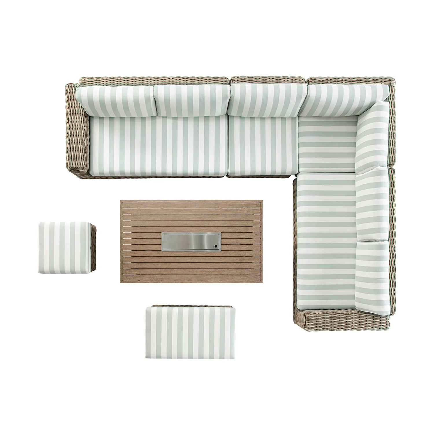 Bellagio Round Wicker Large Corner Casual Dining Set with Rising Firepit Table, Natural with Sage Stripes - Image 7