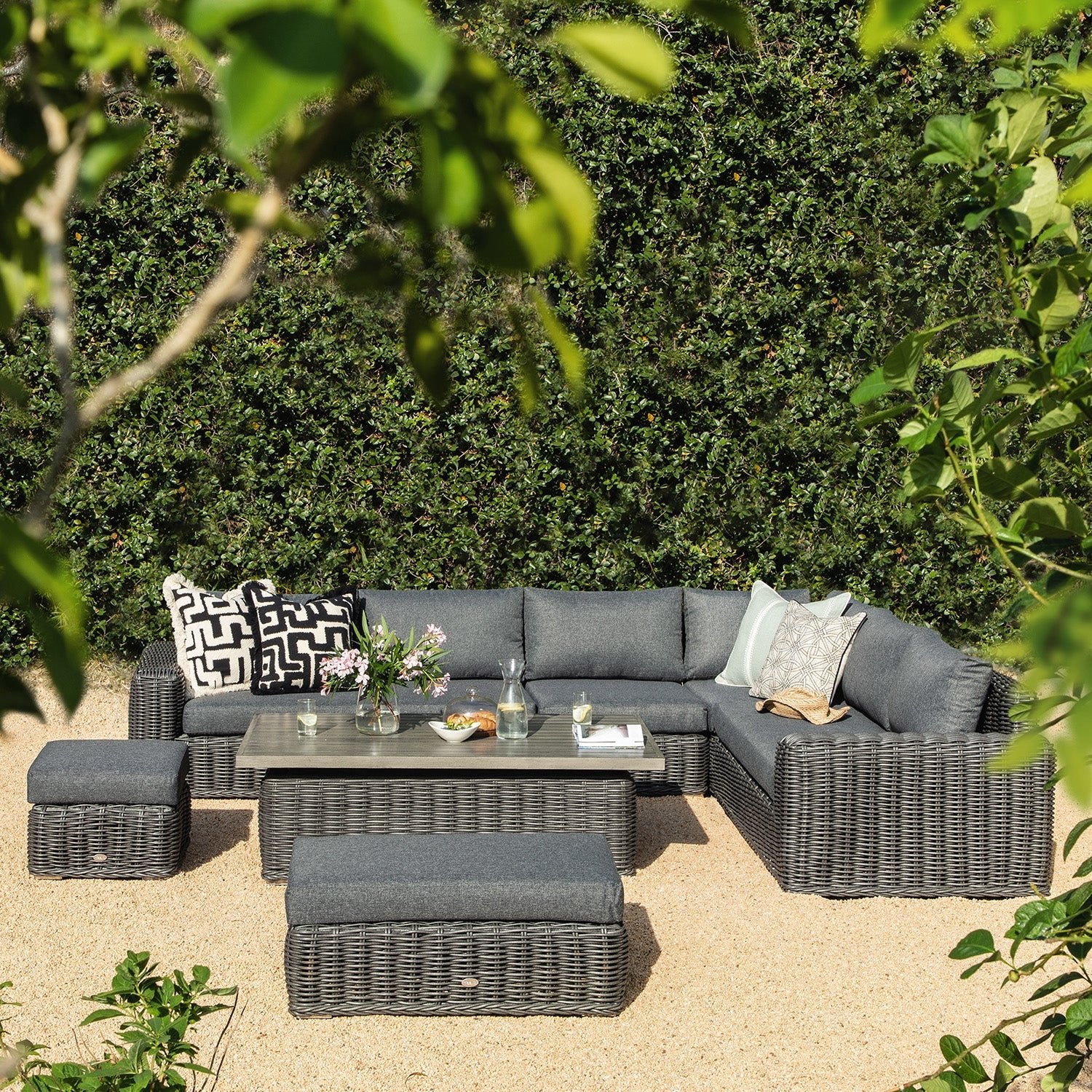 Bellagio Round Wicker Large Corner Casual Dining Set with Rising Table, Dark Grey - Image 2