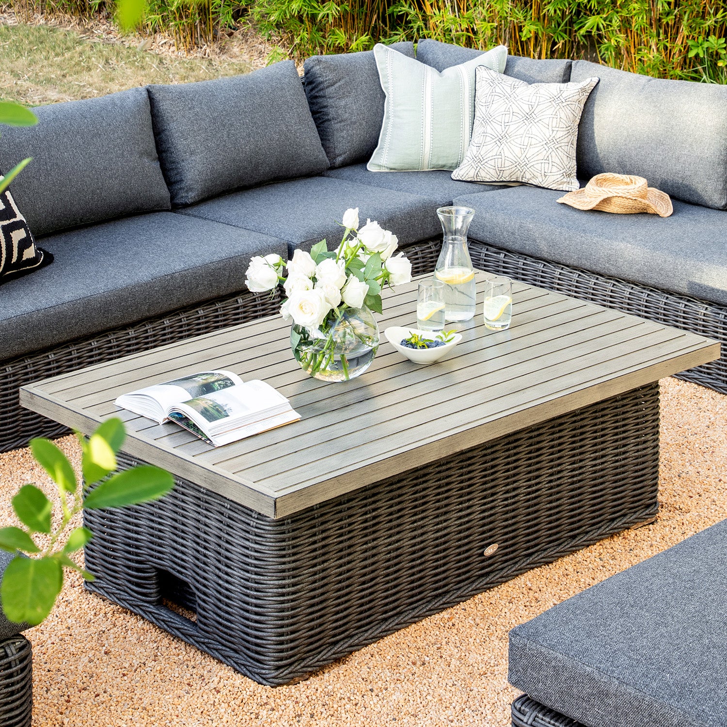 Bellagio Round Wicker Large Corner Casual Dining Set with Rising Table, Dark Grey - Image 5