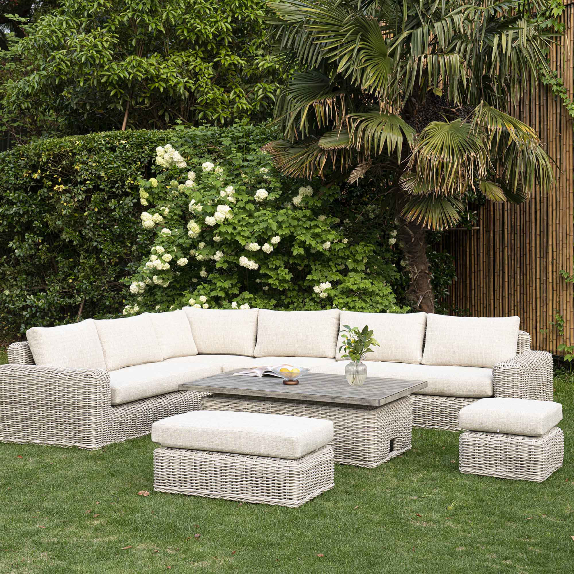 Bellagio Round Wicker Large Corner Casual Dining Set with Rising Table, Light Grey - Image 2