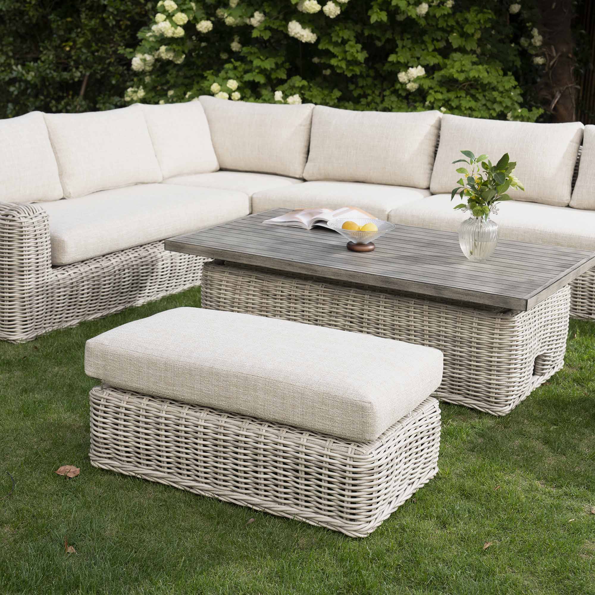 Bellagio Round Wicker Large Corner Casual Dining Set with Rising Table, Light Grey - Image 3