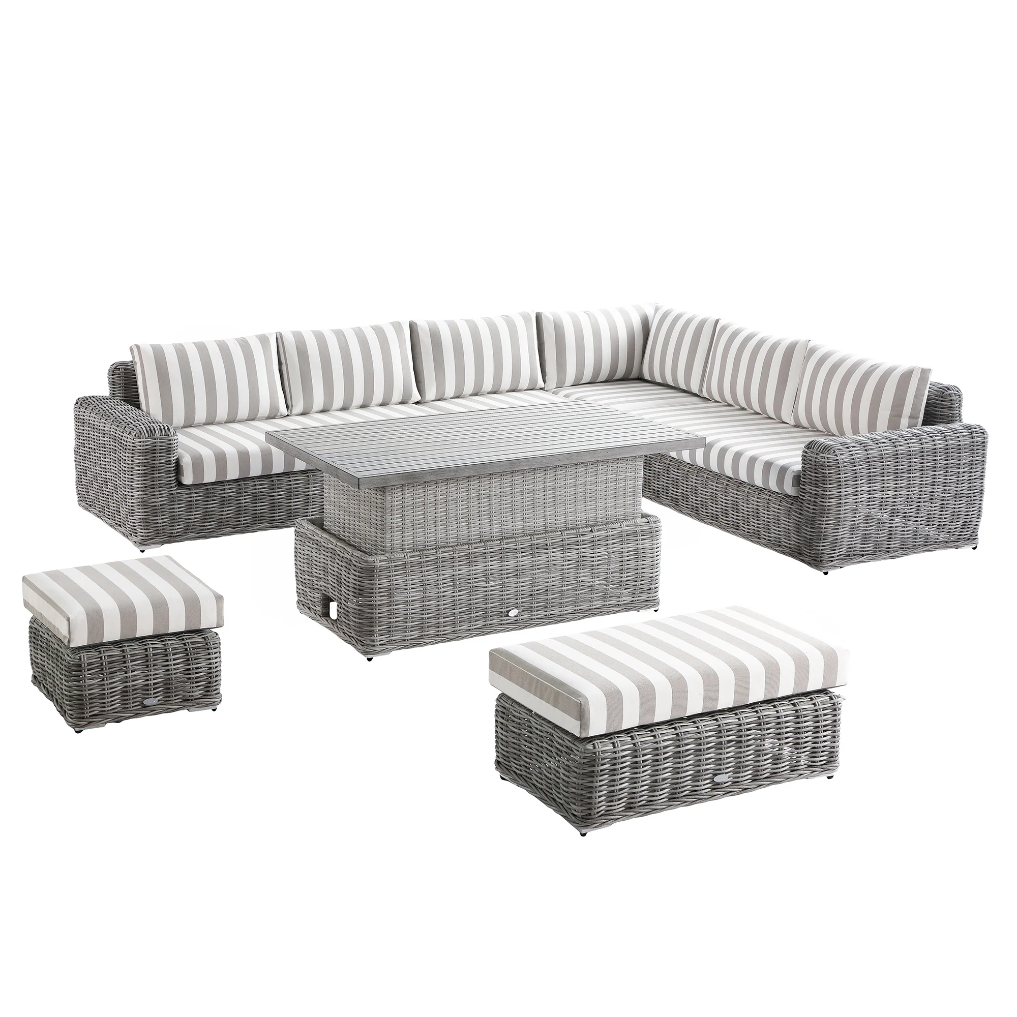 Bellagio Round Wicker Large Corner Casual Dining Set with Rising Table, Light Grey with Taupe Stripes - Image 12