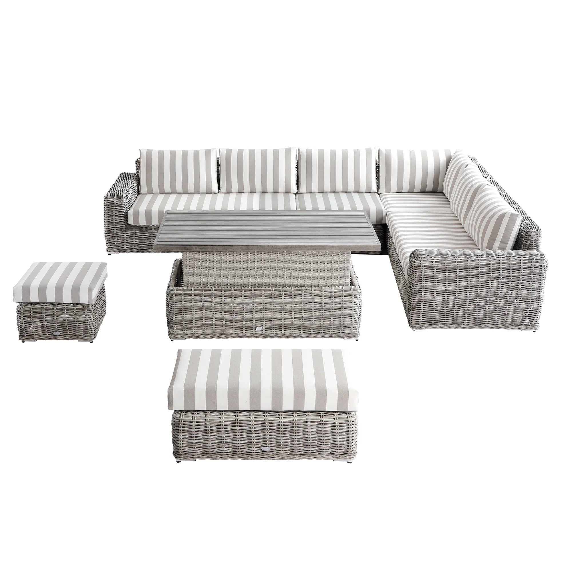 Bellagio Round Wicker Large Corner Casual Dining Set with Rising Table, Light Grey with Taupe Stripes - Image 13