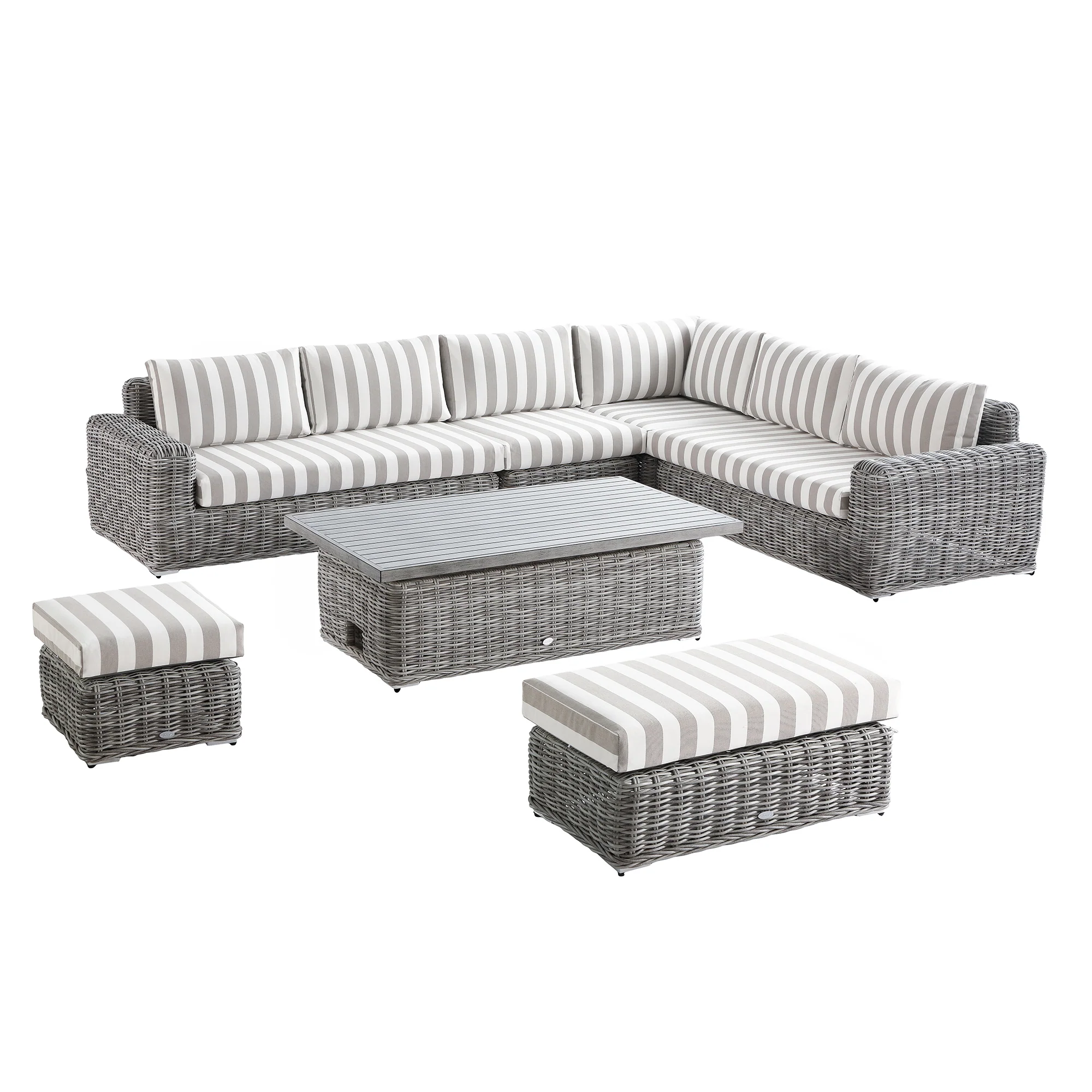 Bellagio Round Wicker Large Corner Casual Dining Set with Rising Table, Light Grey with Taupe Stripes - Image 15