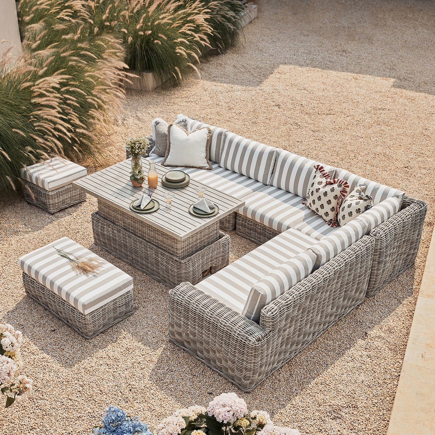 Bellagio Round Wicker Large Corner Casual Dining Set with Rising Table, Light Grey with Taupe Stripes - Image 4