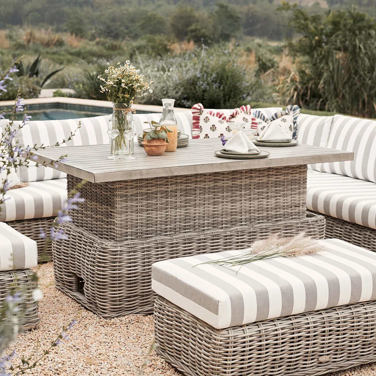 Bellagio Round Wicker Large Corner Casual Dining Set with Rising Table, Light Grey with Taupe Stripes - Image 6