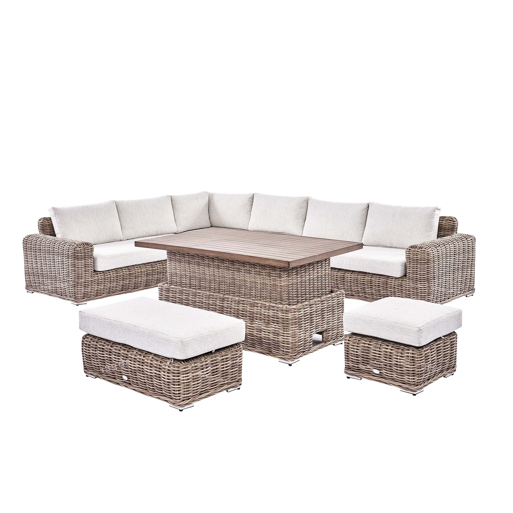 Bellagio Round Wicker Large Corner Casual Dining Set with Rising Table, Natural - Image 4