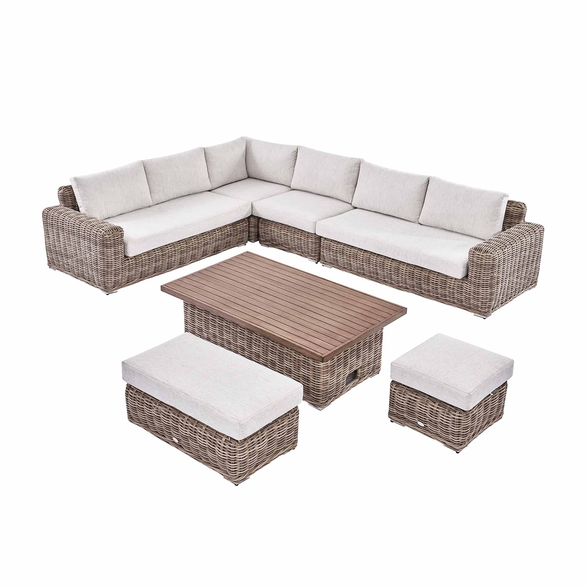 Bellagio Round Wicker Large Corner Casual Dining Set with Rising Table, Natural - Image 8
