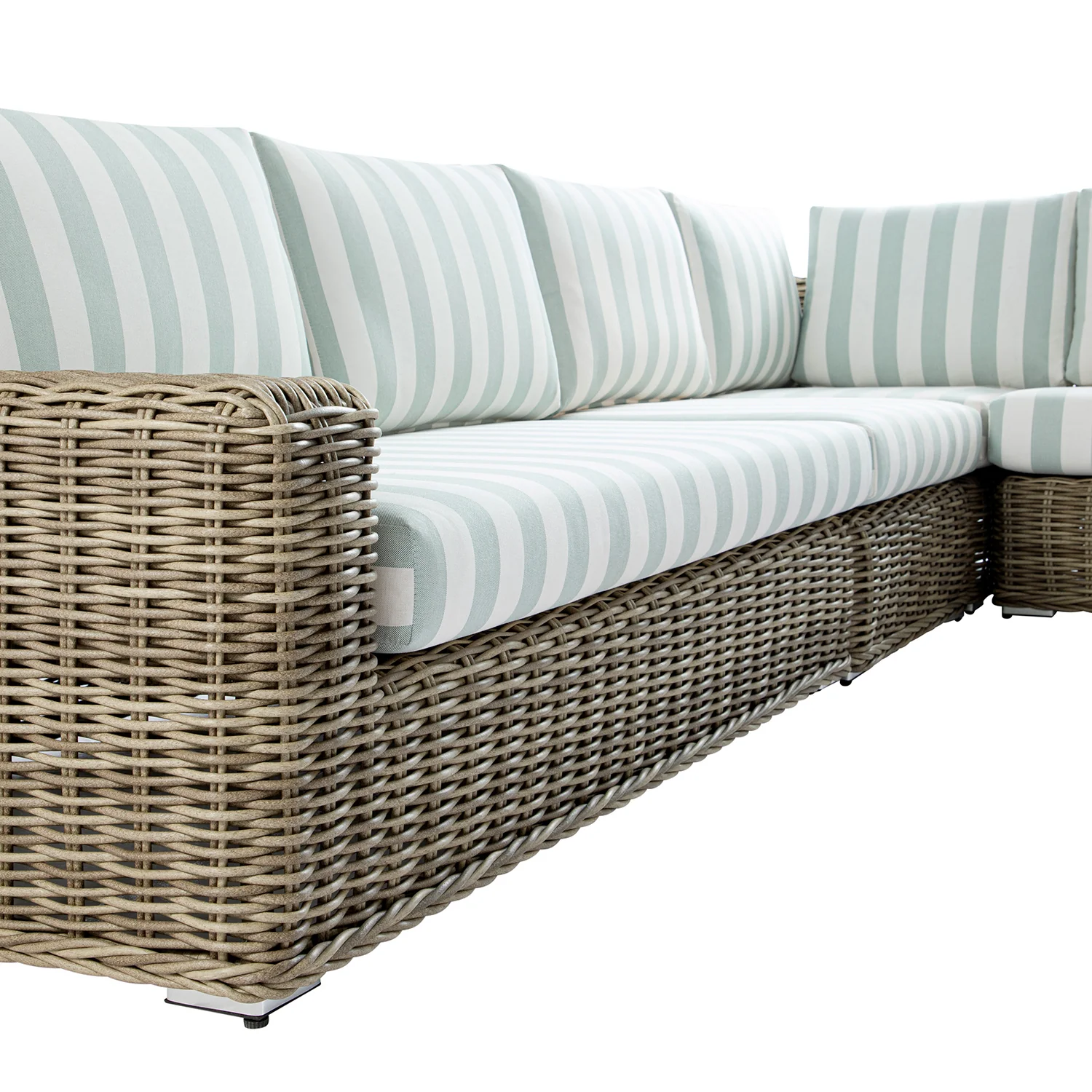 Bellagio Round Wicker Large Corner Casual Dining Set with Rising Table, Natural with Sage Stripes - Image 10