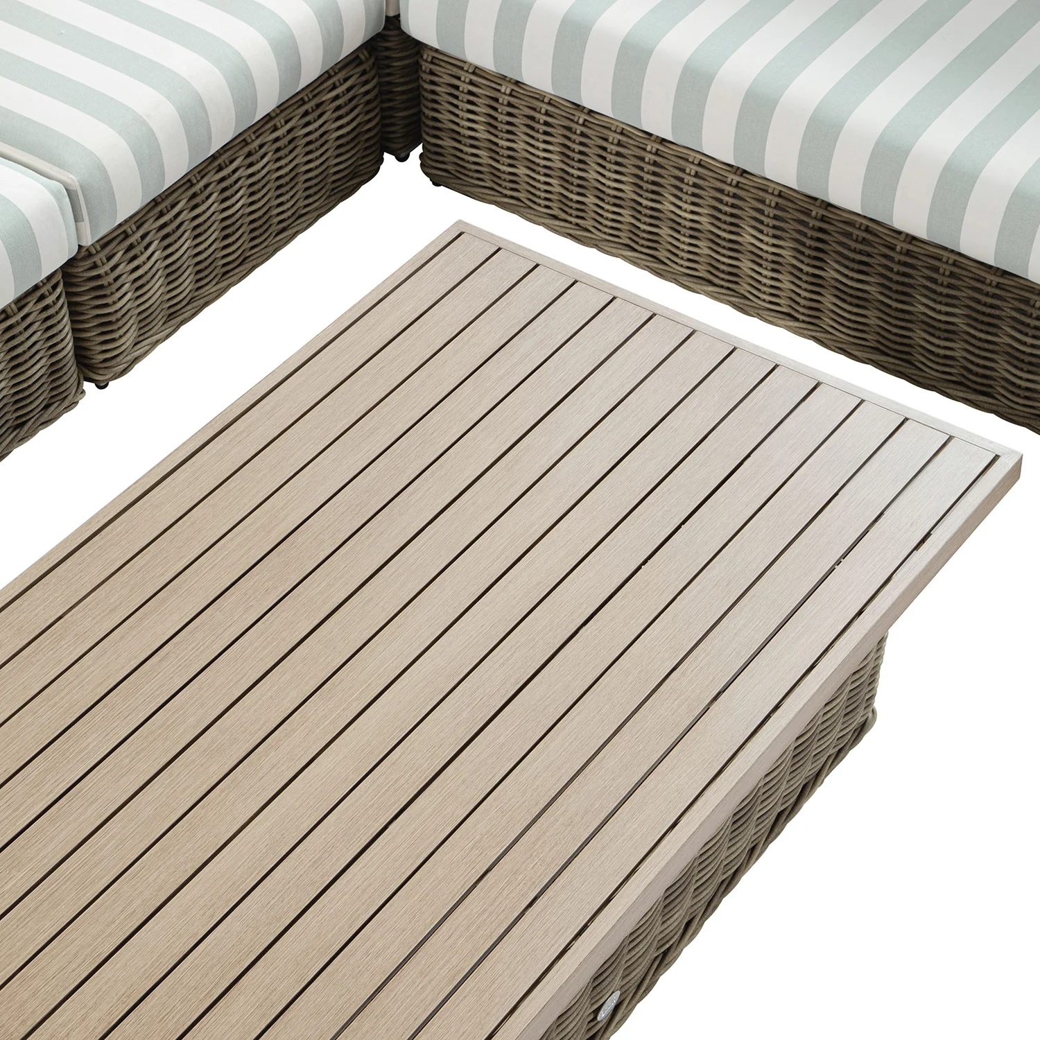 Bellagio Round Wicker Large Corner Casual Dining Set with Rising Table, Natural with Sage Stripes - Image 12