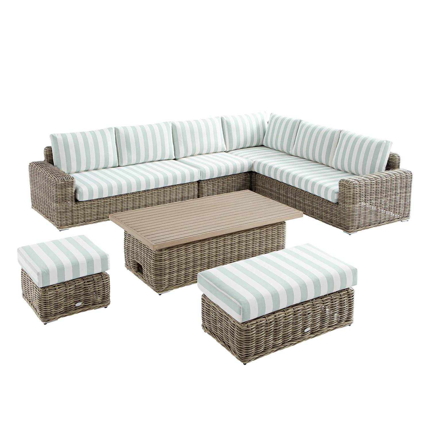 Bellagio Round Wicker Large Corner Casual Dining Set with Rising Table, Natural with Sage Stripes - Image 2