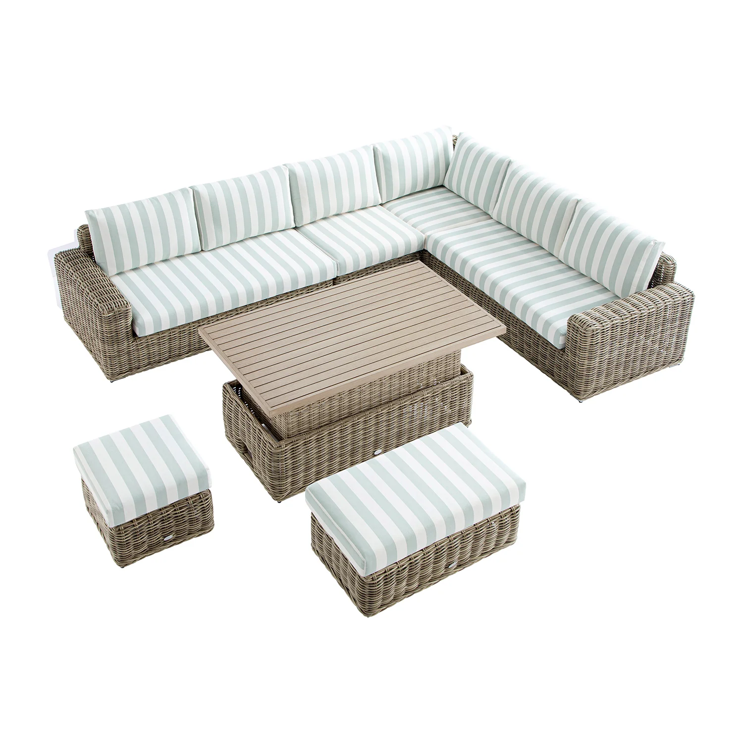 Bellagio Round Wicker Large Corner Casual Dining Set with Rising Table, Natural with Sage Stripes - Image 7