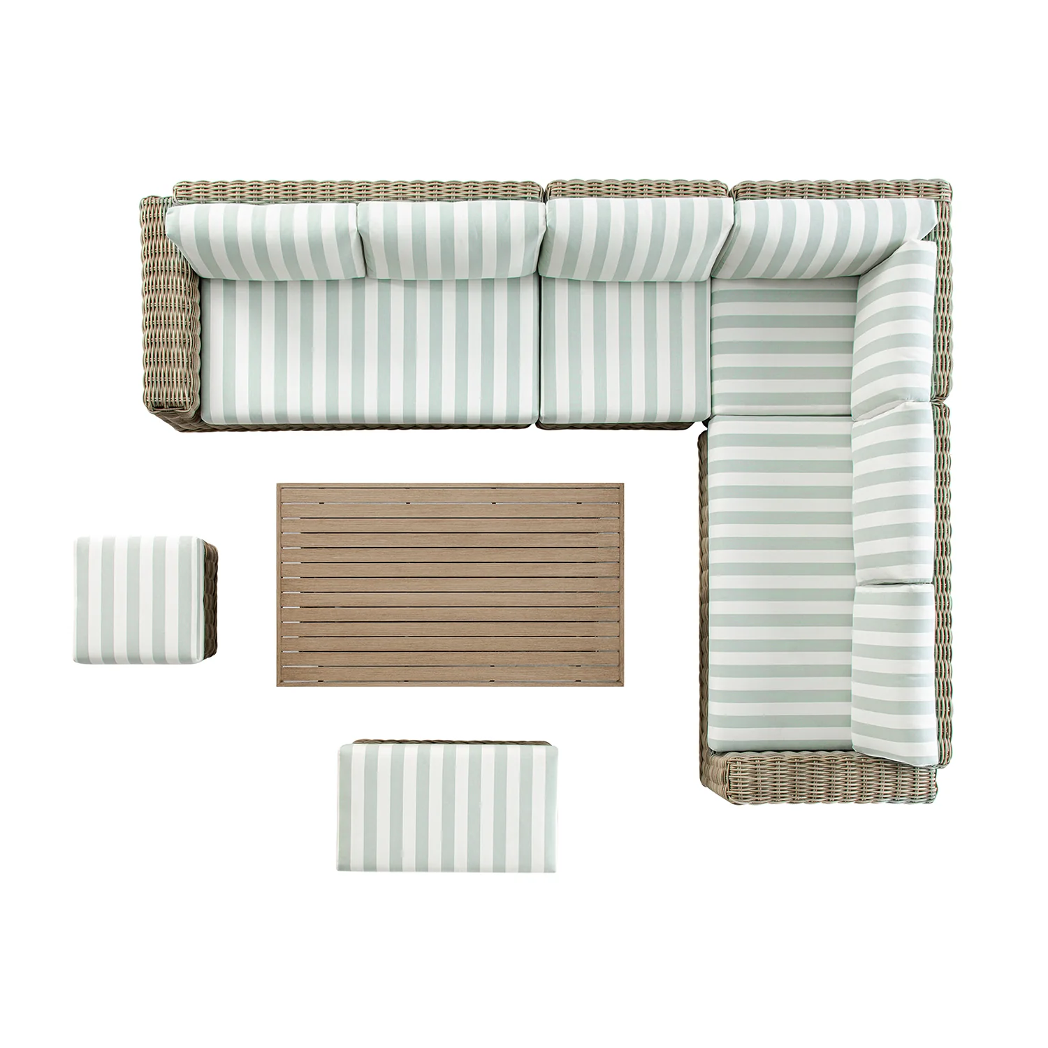 Bellagio Round Wicker Large Corner Casual Dining Set with Rising Table, Natural with Sage Stripes - Image 9