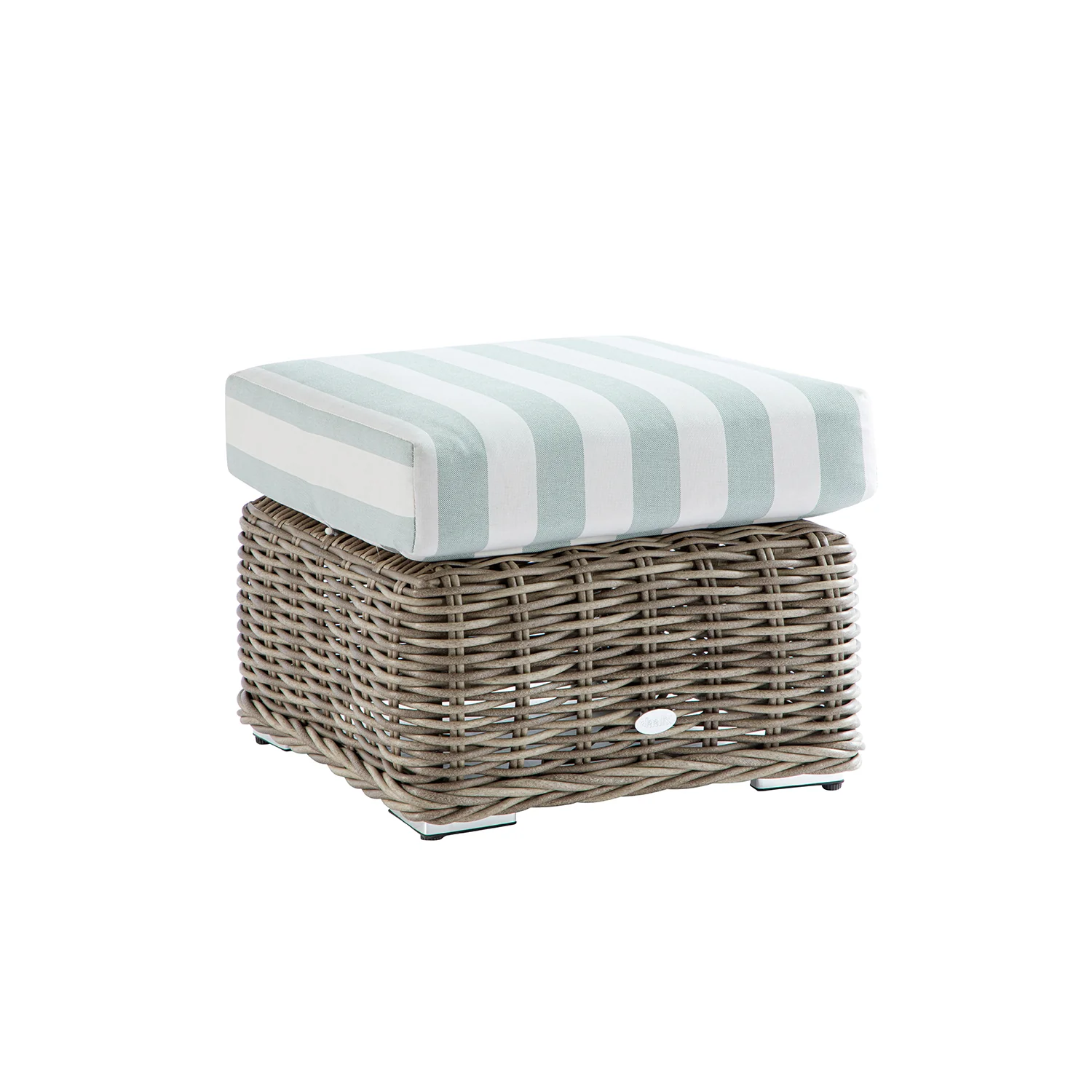 Bellagio Round Wicker Outdoor Footstool, Natural with Sage Stripes - Image 2