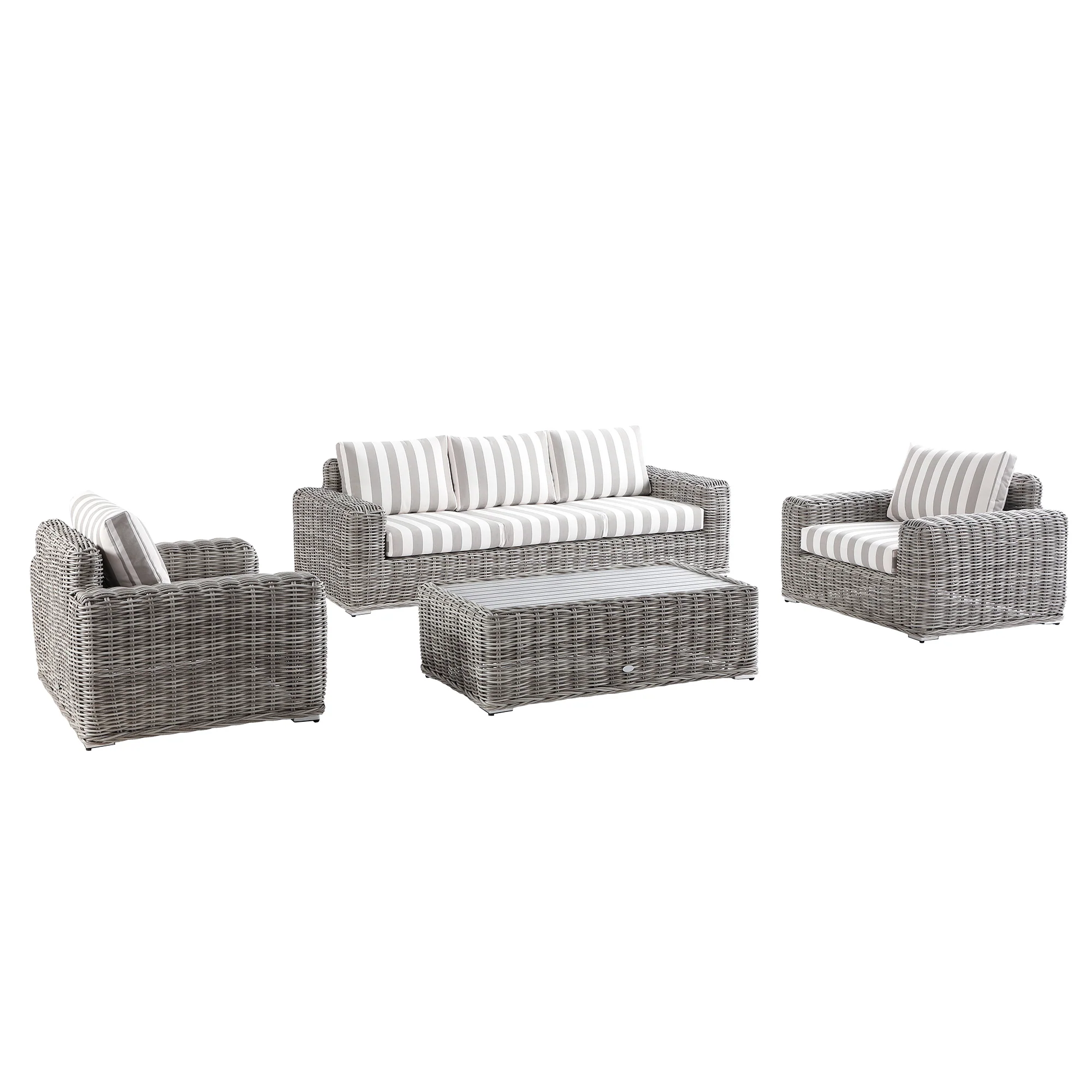 Bellagio Round Wicker Sofa Set with Coffee Table, Light Grey with Taupe Stripes - Image 12