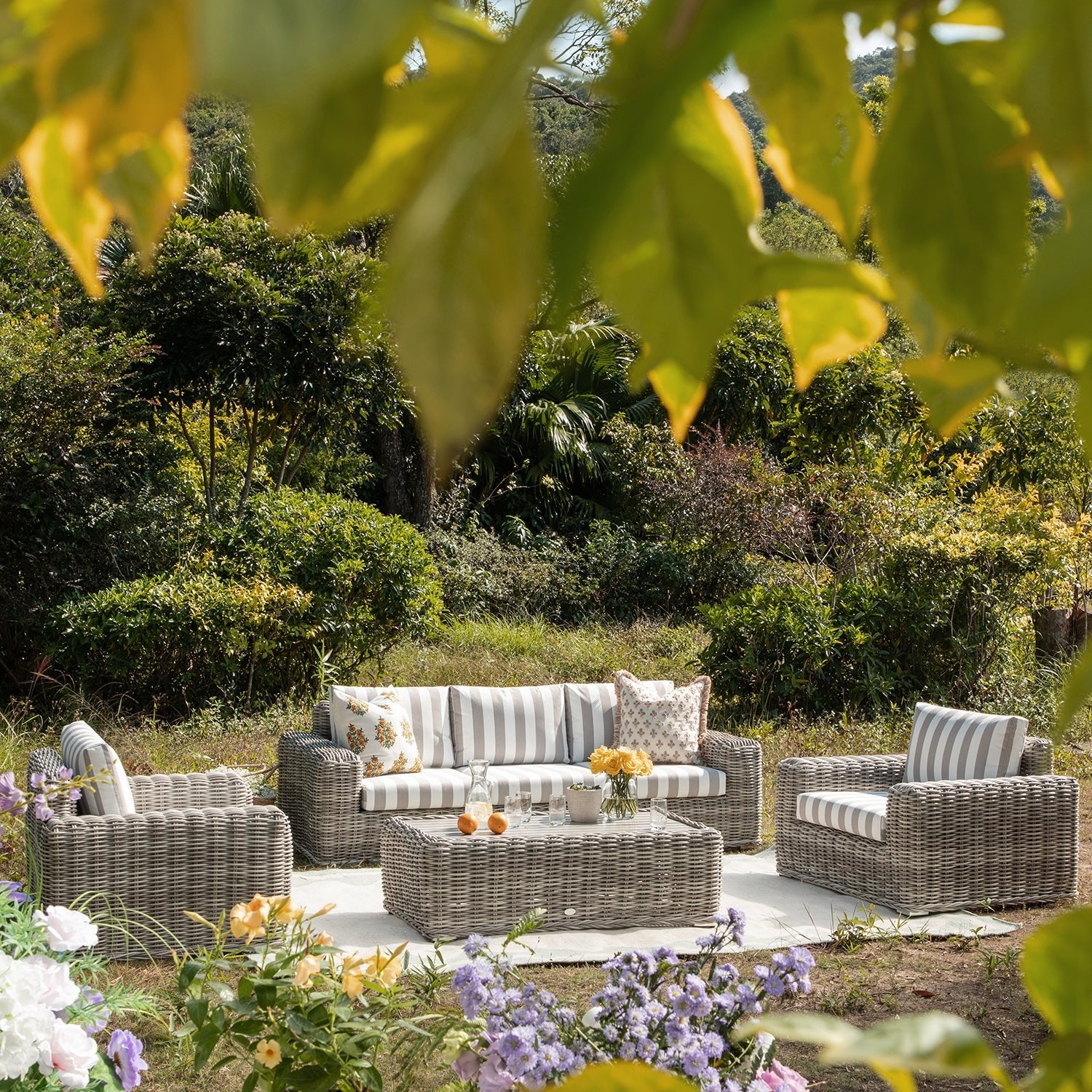Bellagio Round Wicker Sofa Set with Coffee Table, Light Grey with Taupe Stripes - Image 2