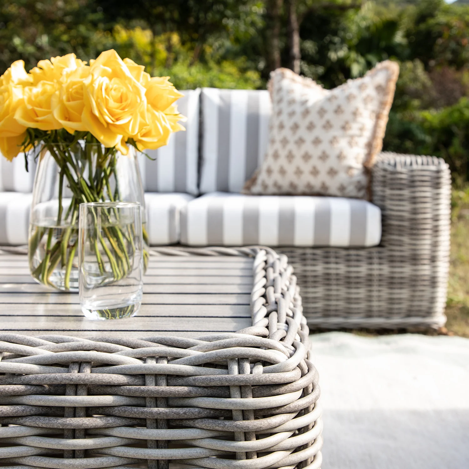 Bellagio Round Wicker Sofa Set with Coffee Table, Light Grey with Taupe Stripes - Image 3