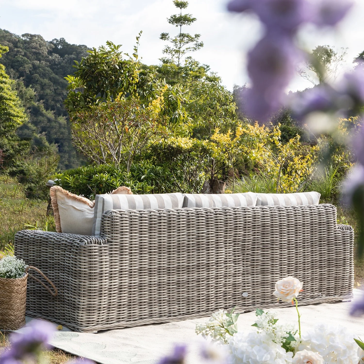 Bellagio Round Wicker Sofa Set with Coffee Table, Light Grey with Taupe Stripes - Image 5