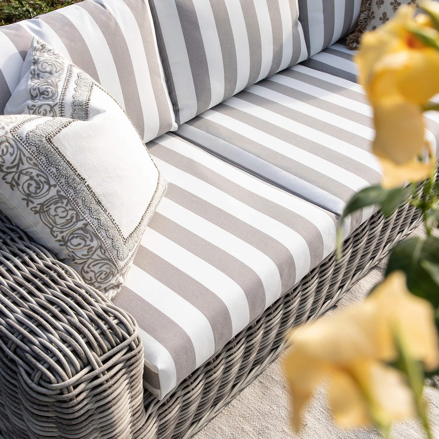 Bellagio Round Wicker Sofa Set with Coffee Table, Light Grey with Taupe Stripes - Image 6