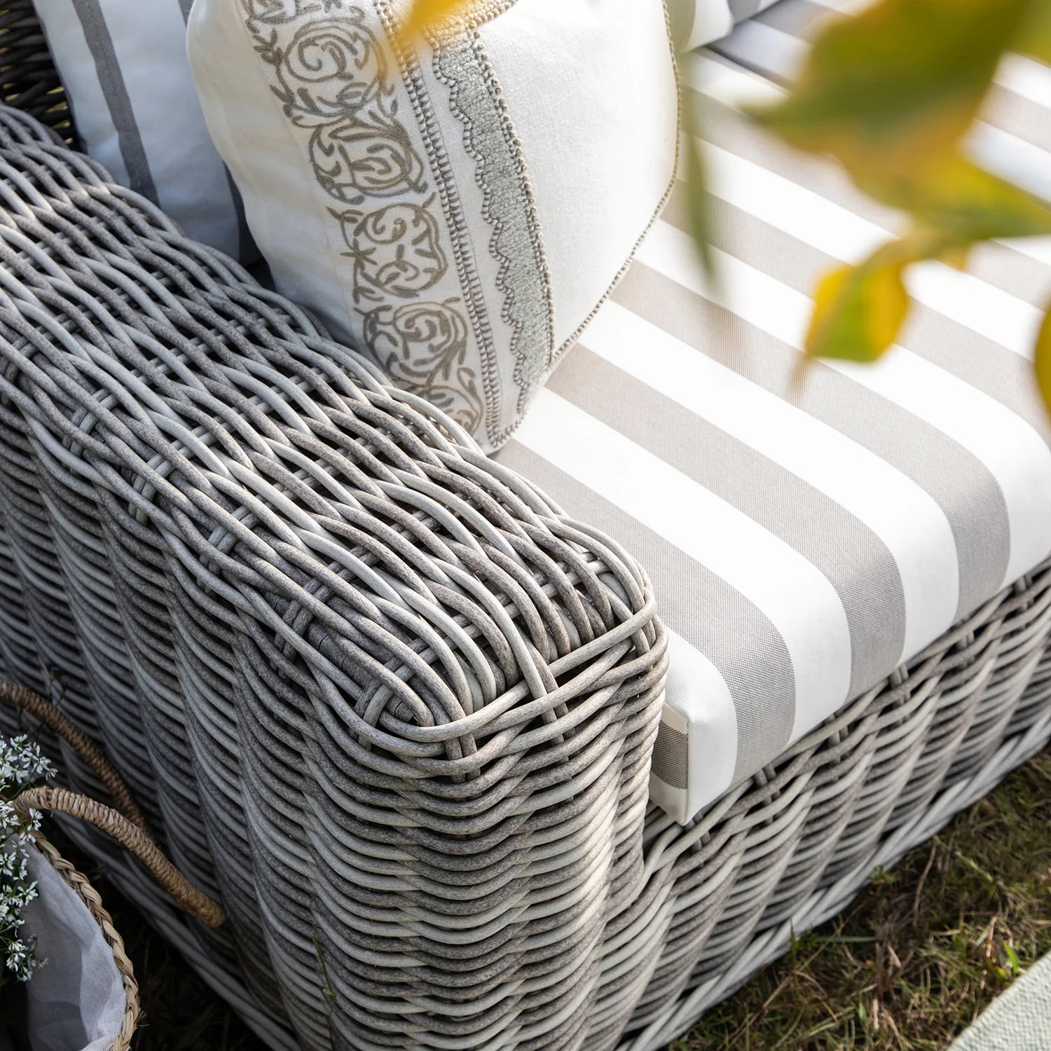 Bellagio Round Wicker Sofa Set with Coffee Table, Light Grey with Taupe Stripes - Image 7