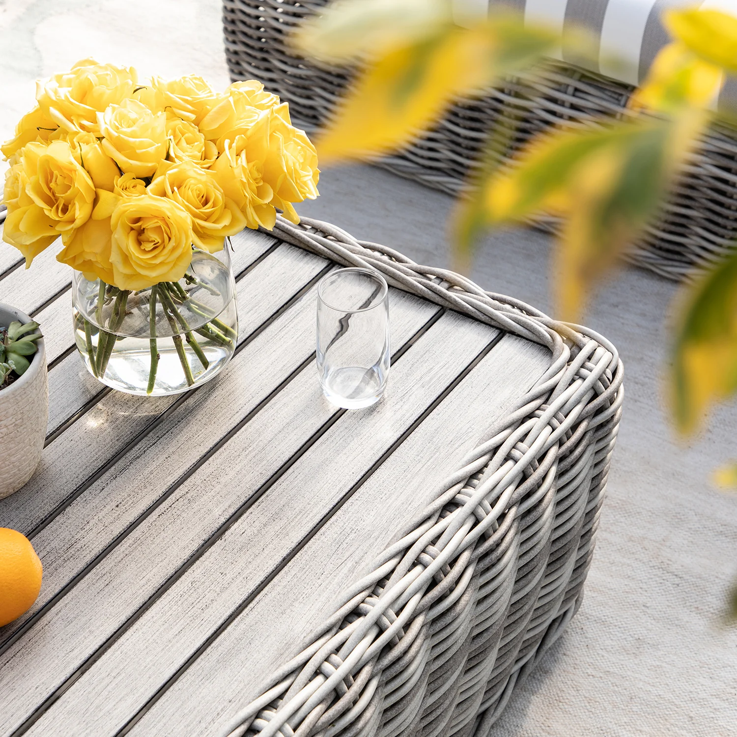 Bellagio Round Wicker Sofa Set with Coffee Table, Light Grey with Taupe Stripes - Image 8