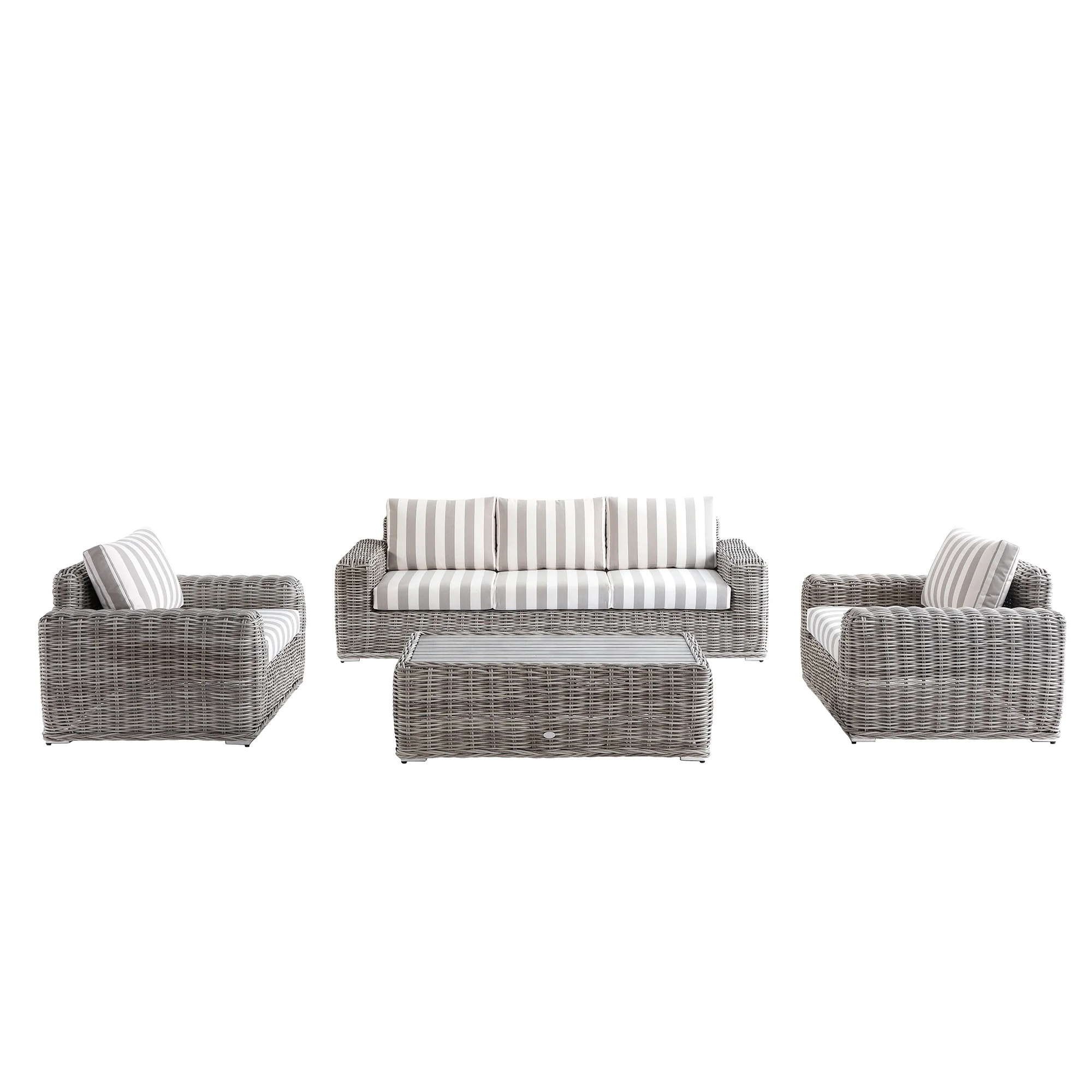 Bellagio Round Wicker Sofa Set with Coffee Table, Light Grey with Taupe Stripes - Image 9