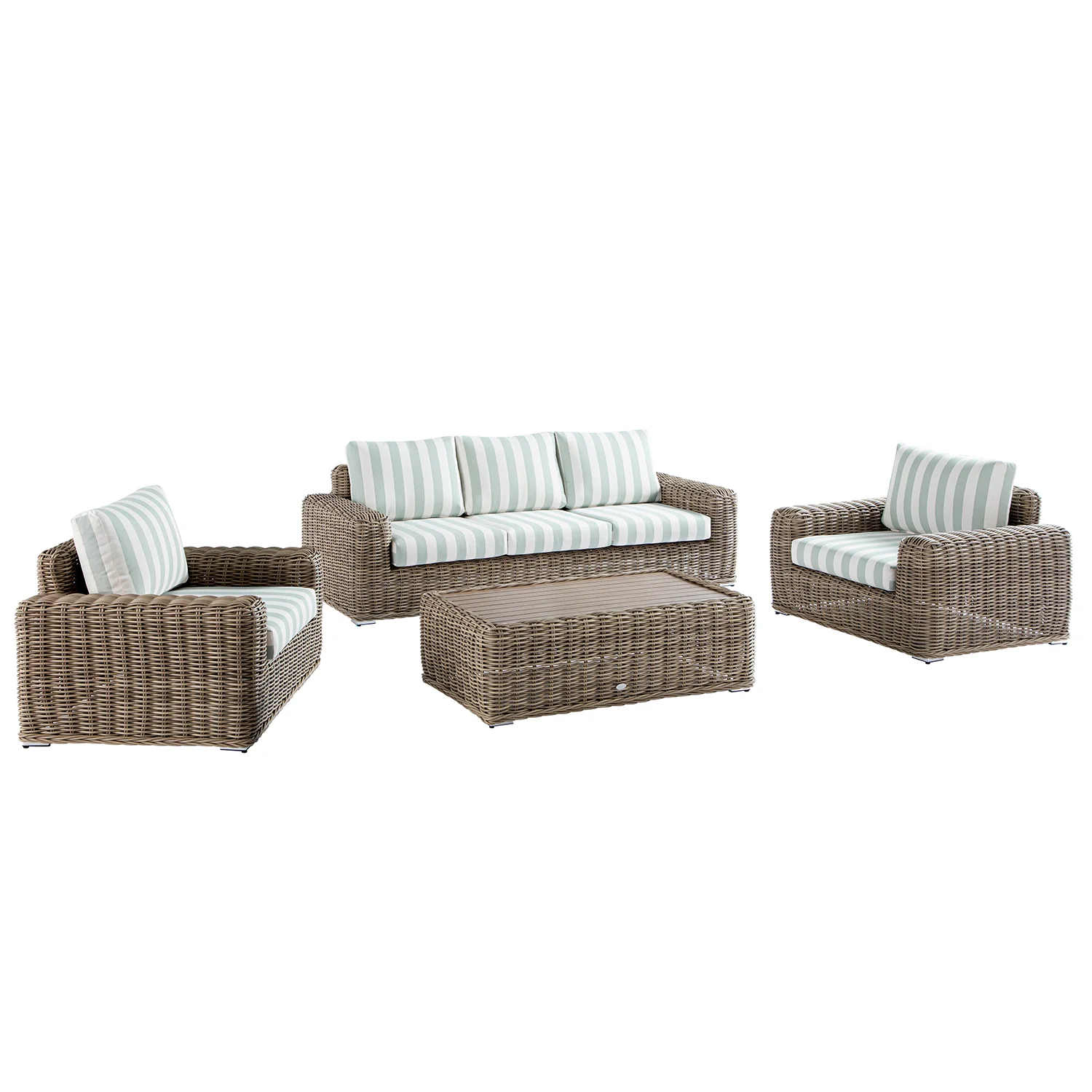 Bellagio Round Wicker Sofa Set with Coffee Table, Natural with Sage Stripes - Image 2