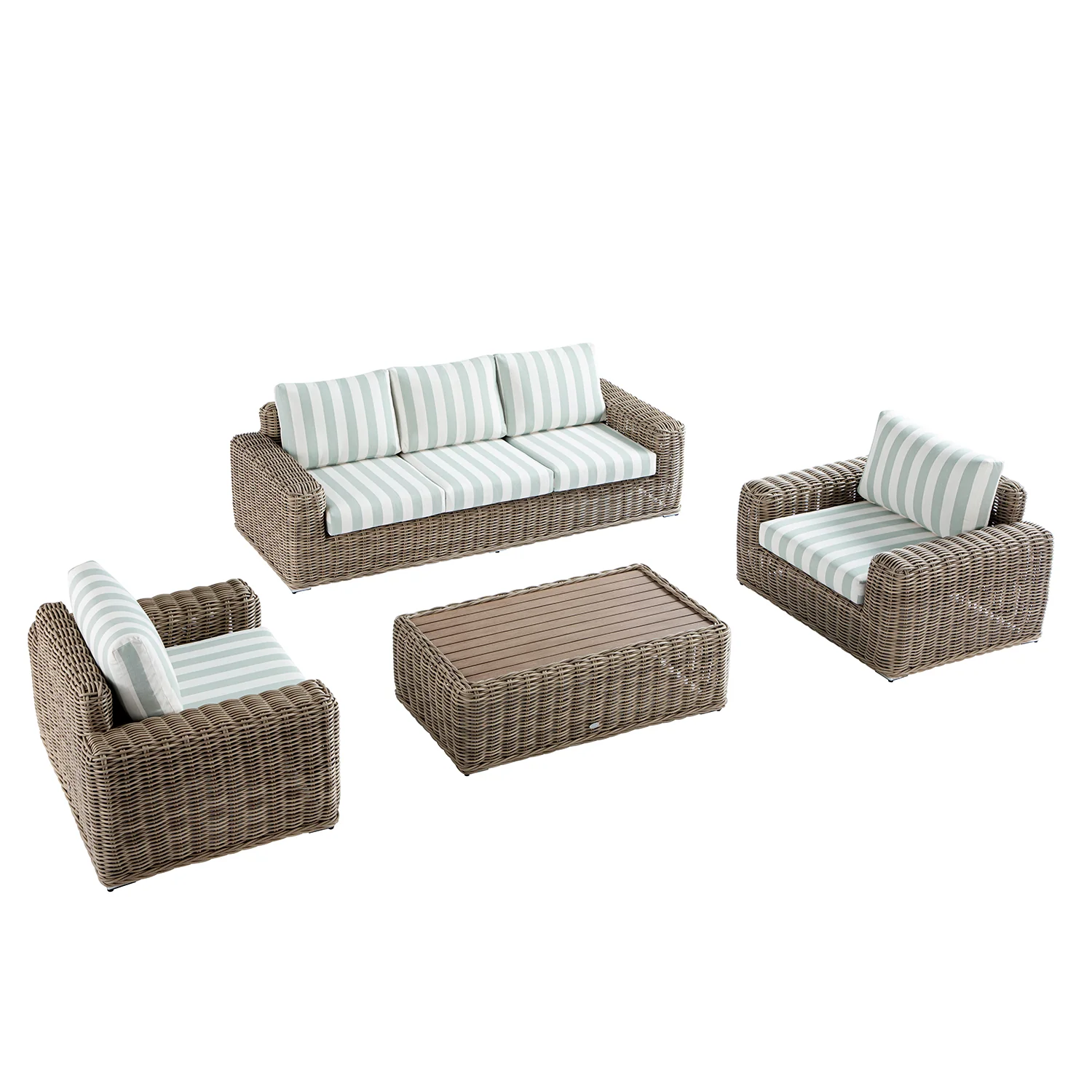 Bellagio Round Wicker Sofa Set with Coffee Table, Natural with Sage Stripes - Image 4