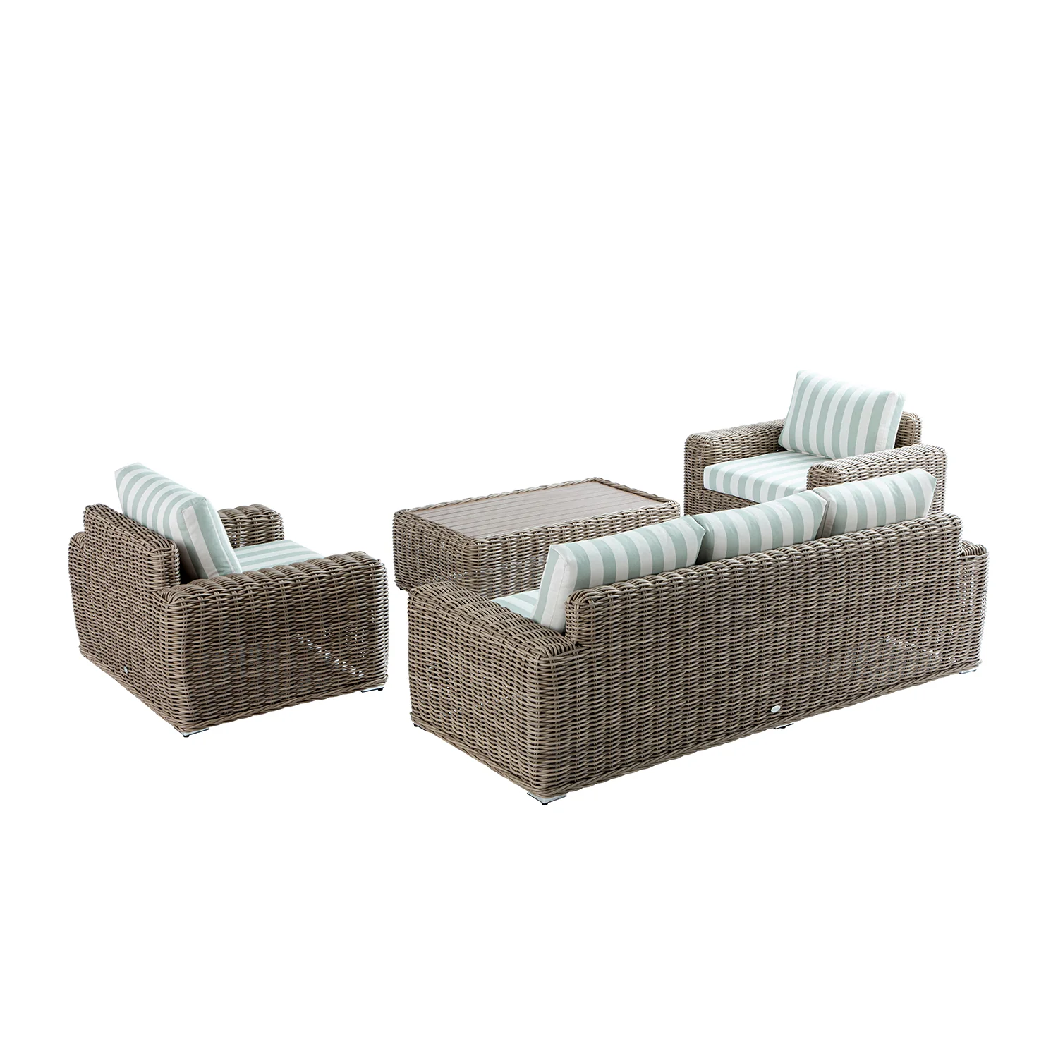 Bellagio Round Wicker Sofa Set with Coffee Table, Natural with Sage Stripes - Image 6