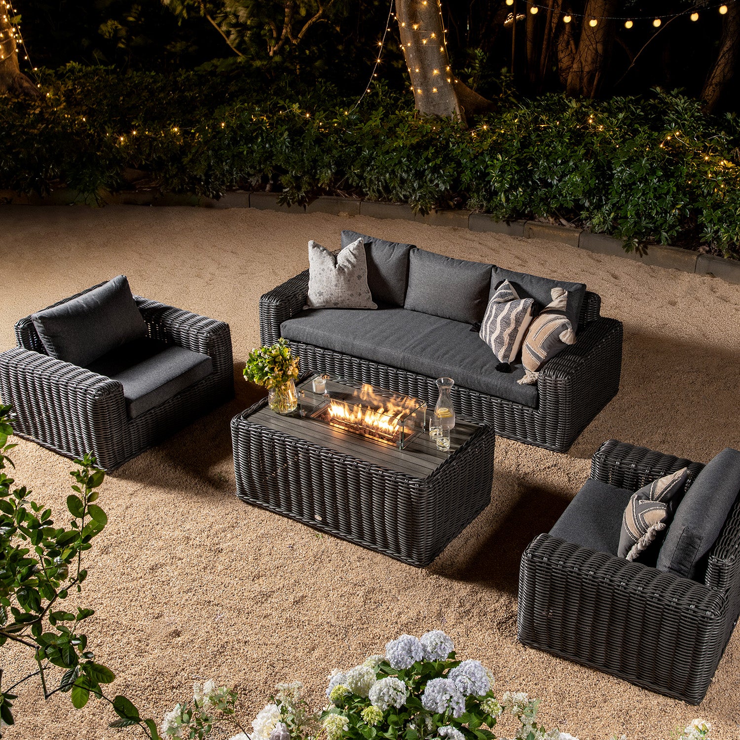 Bellagio Round Wicker Sofa Set with Firepit Coffee Table, Dark Grey - Image 2